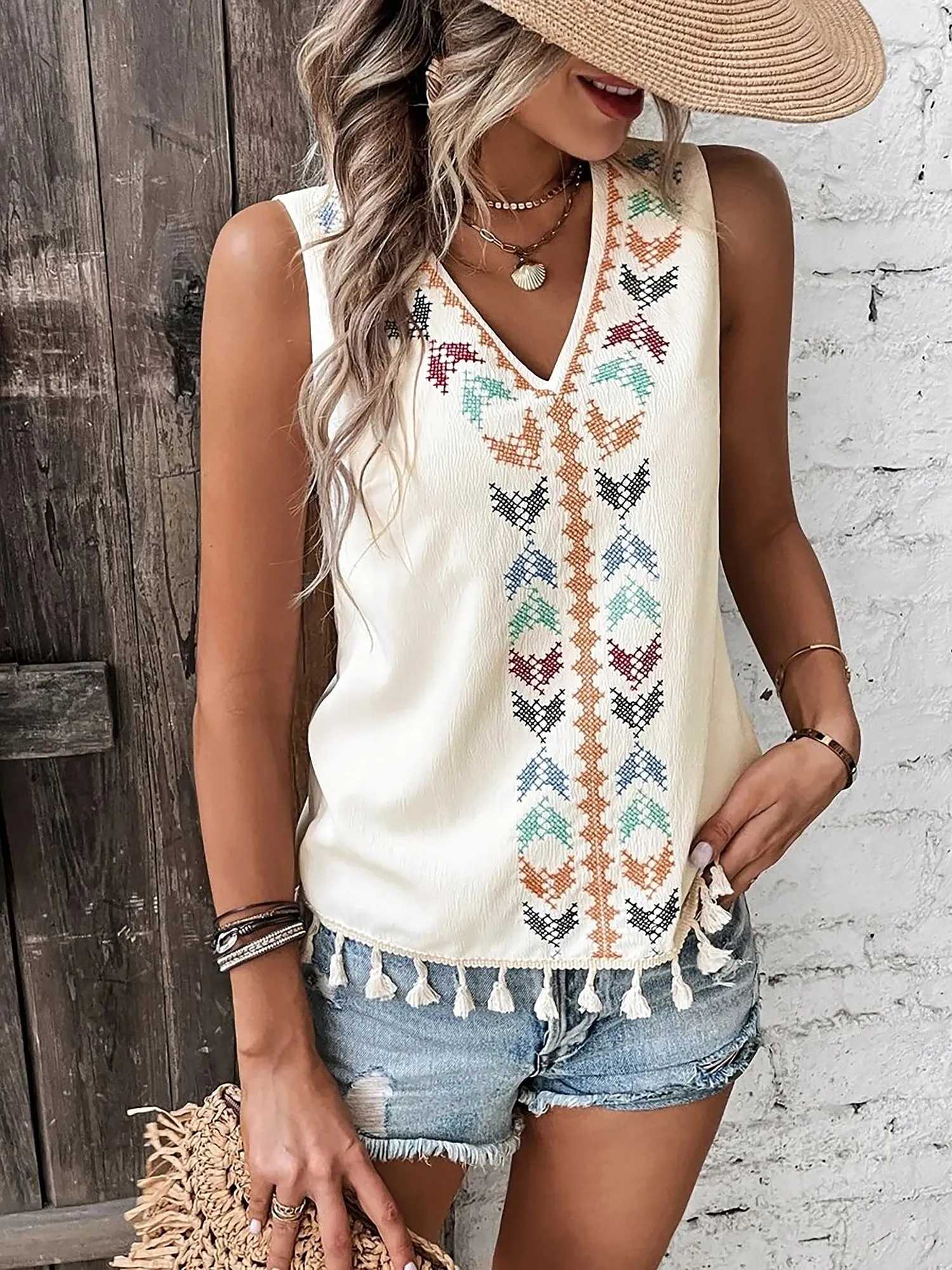 Boho Embroidered Tassled Sleeveless Blouse sold by Allegra K product image thumbnail 2