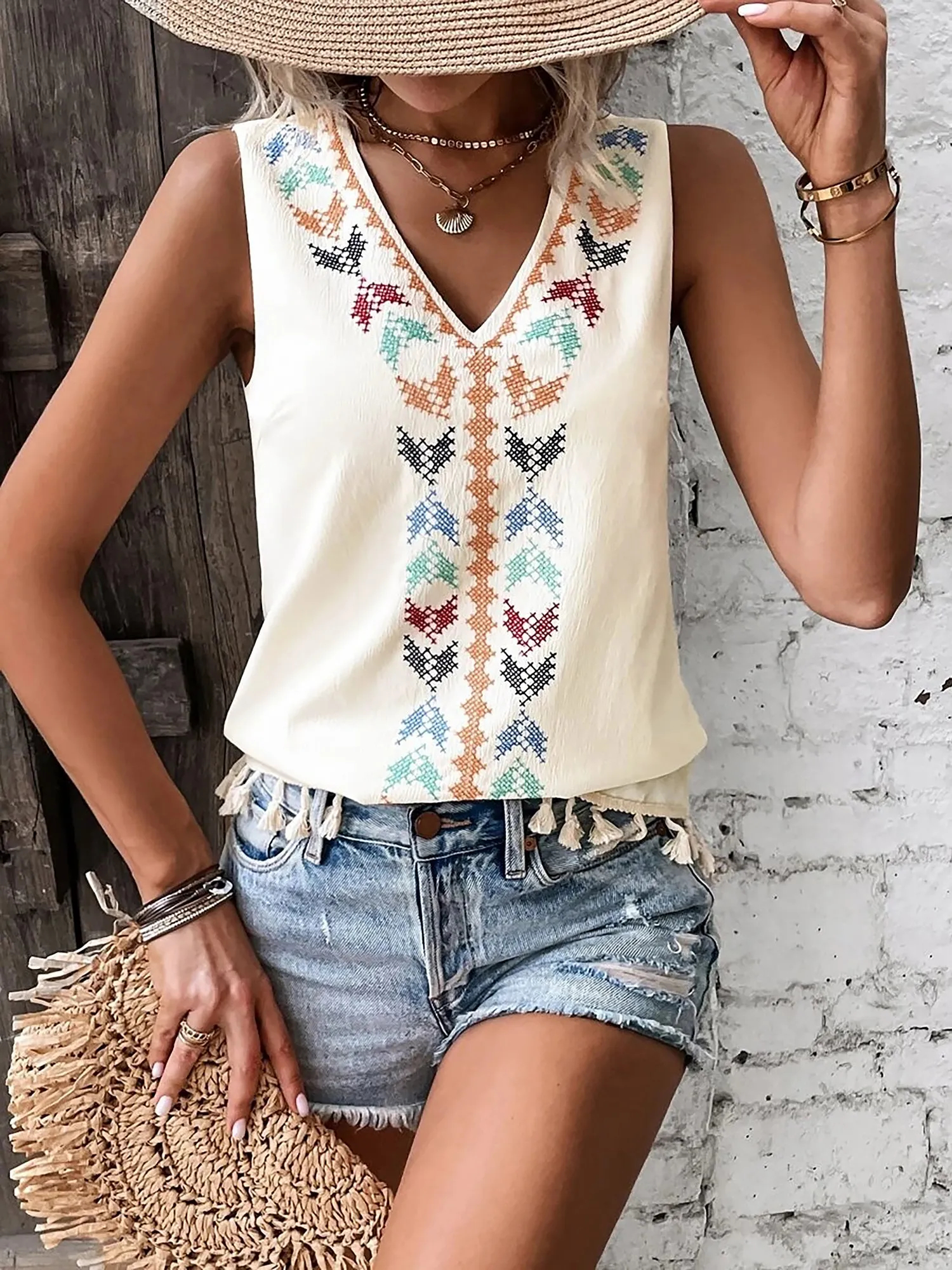 Boho Embroidered Tassled Sleeveless Blouse sold by Allegra K