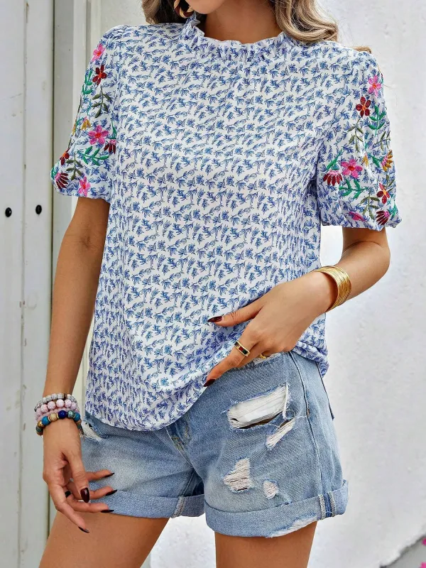 Embroidered Floral Puff Short Sleeves Blouse sold by Allegra K