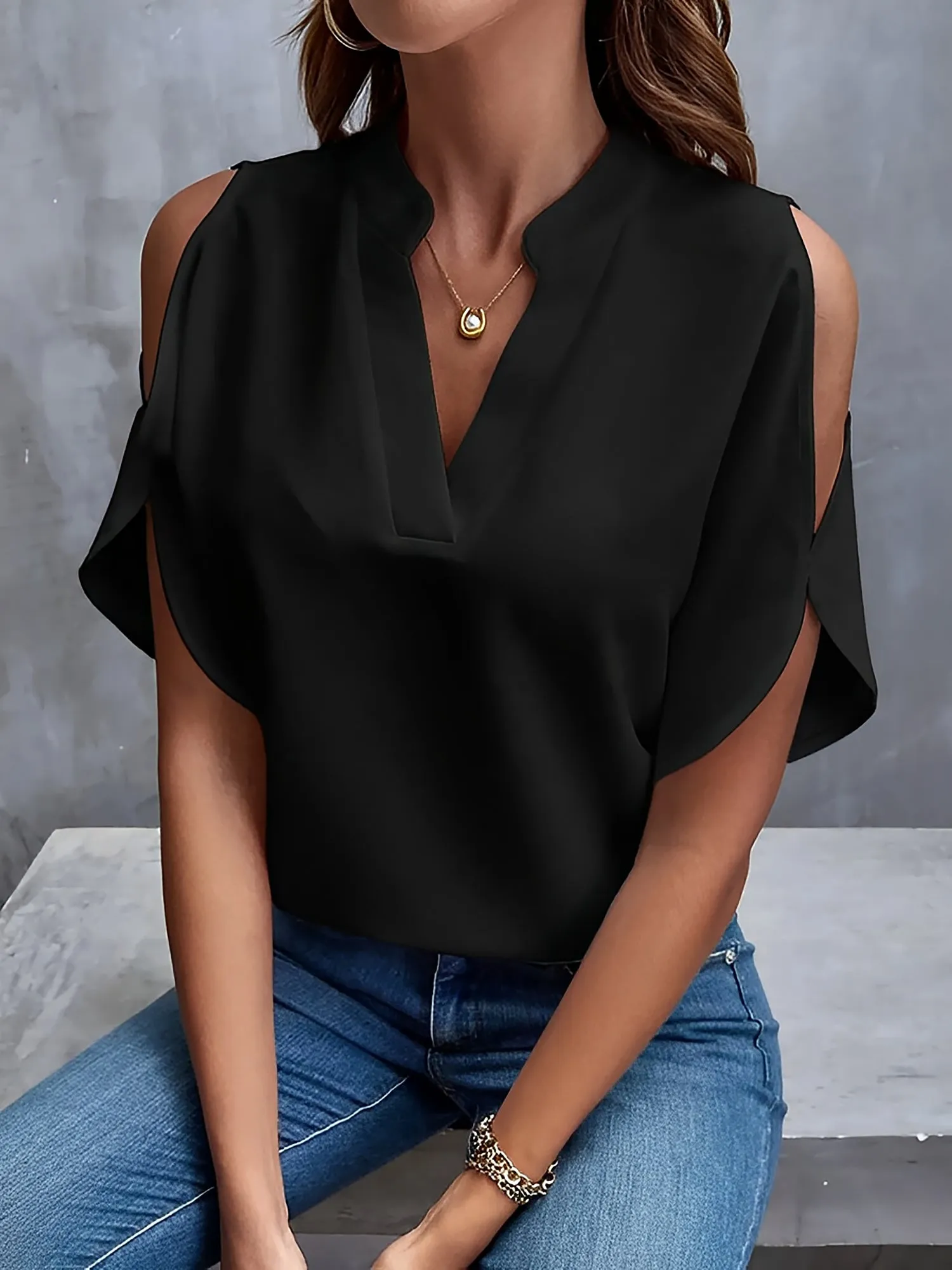 Notch Neck Cold Shoulder Solid Color Blouse sold by Allegra K product image thumbnail 5