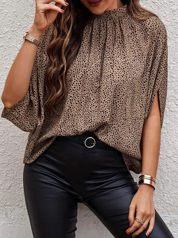 Leopard Print Mock Neck 3/4 Sleeves Blouse sold by Allegra K