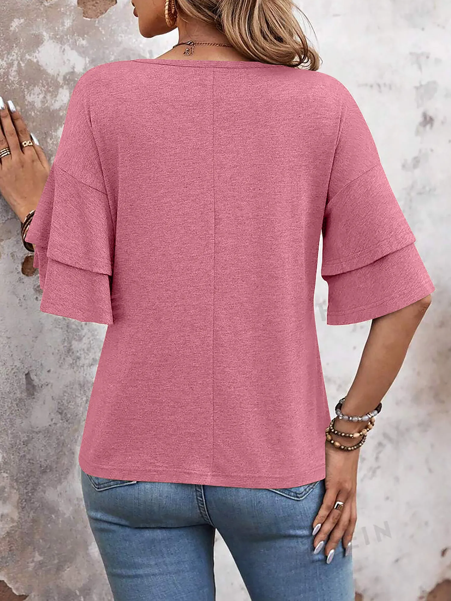 Solid Color V Neck Layered Sleeve Casual Blouse sold by Allegra K product image thumbnail 4