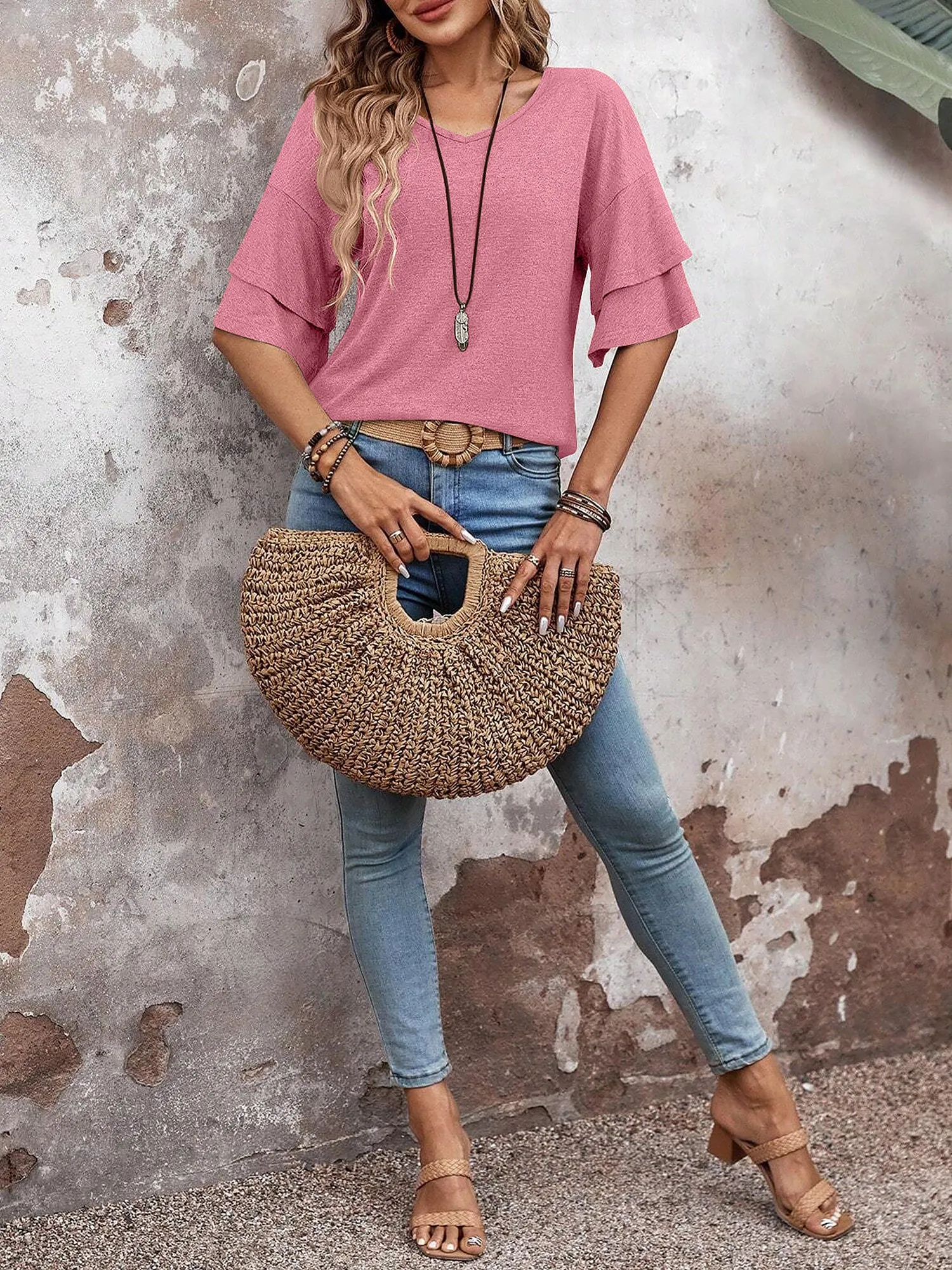 Solid Color V Neck Layered Sleeve Casual Blouse sold by Allegra K product image thumbnail 3