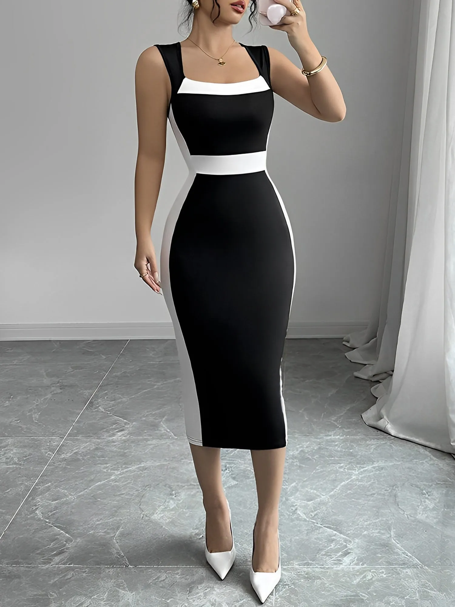 Colorblock Square Neck Sleeveless Bodycon Midi Dress sold by Allegra K product image thumbnail 3