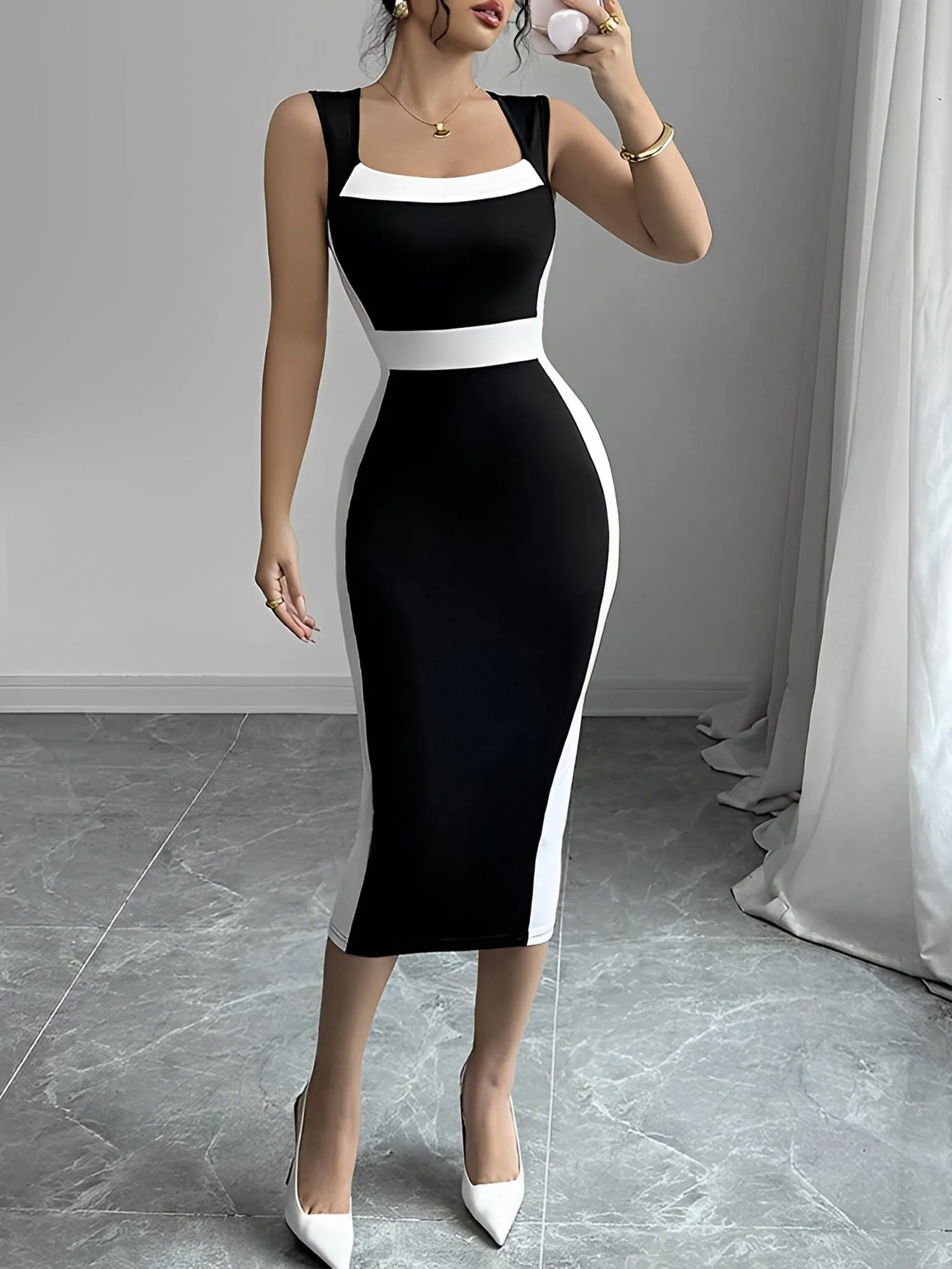 Colorblock Square Neck Sleeveless Bodycon Midi Dress sold by Allegra K product image thumbnail 5