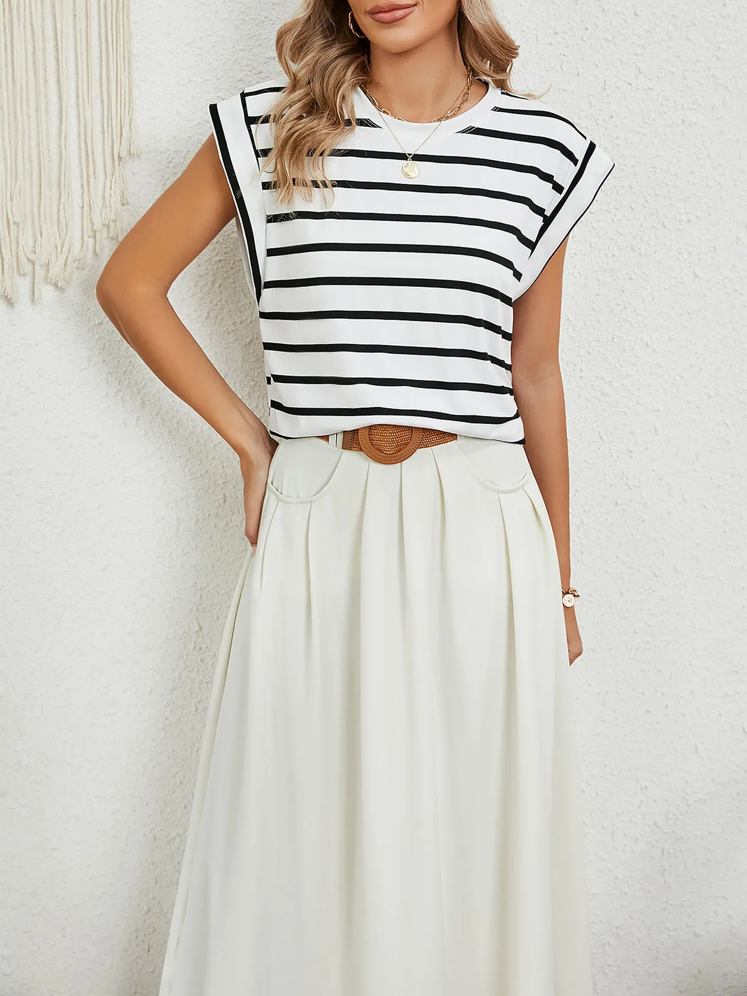 Round Neck Cap Sleeves Striped Casual Blouse sold by Allegra K