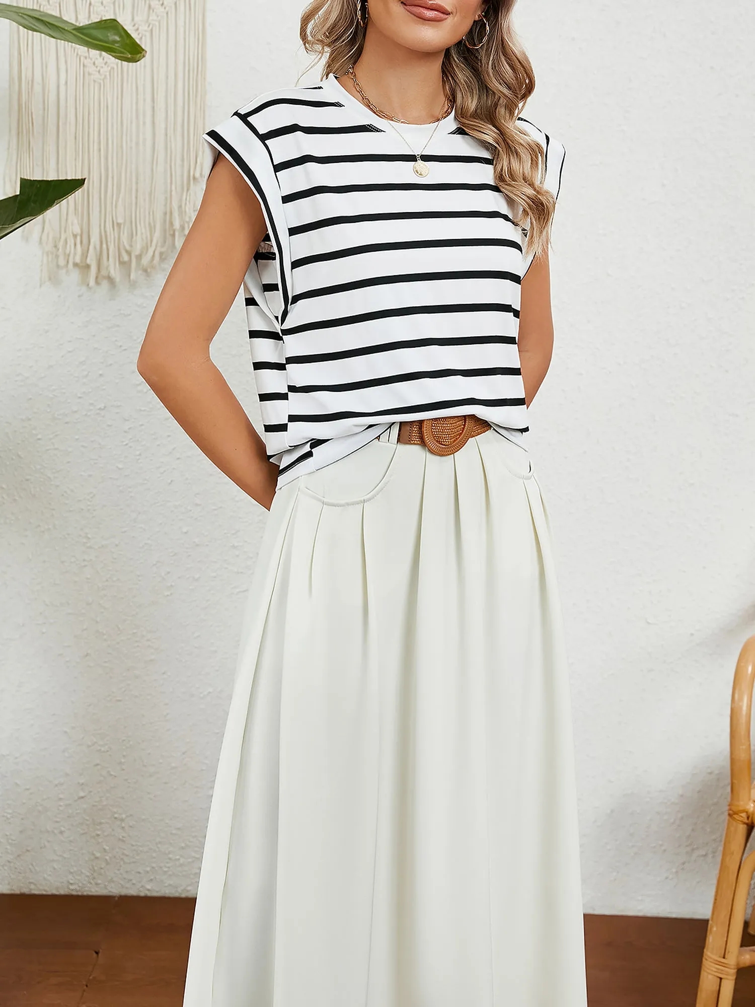 Round Neck Cap Sleeves Striped Casual Blouse sold by Allegra K product image thumbnail 5