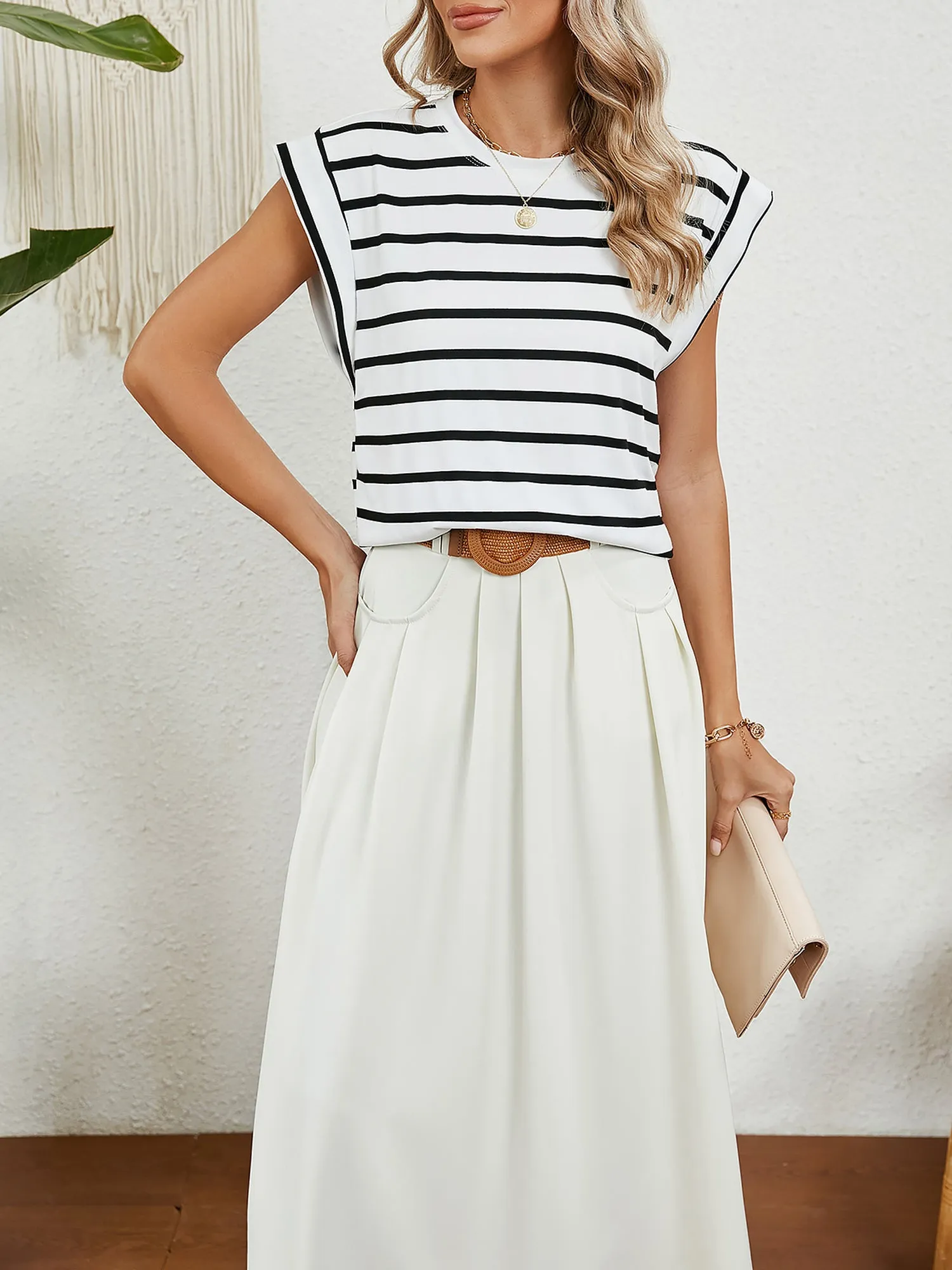 Round Neck Cap Sleeves Striped Casual Blouse sold by Allegra K product image thumbnail 4