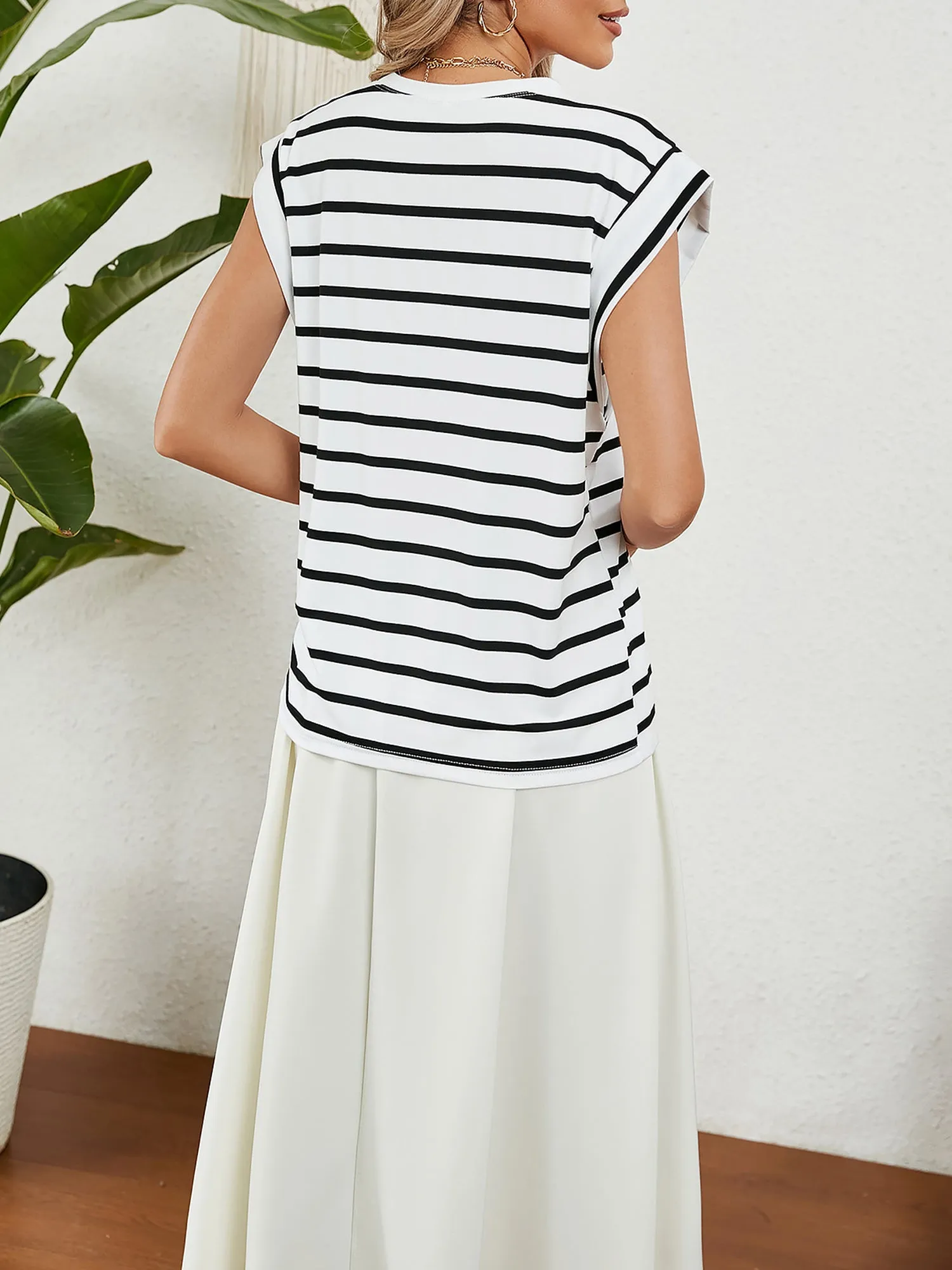 Round Neck Cap Sleeves Striped Casual Blouse sold by Allegra K product image thumbnail 3