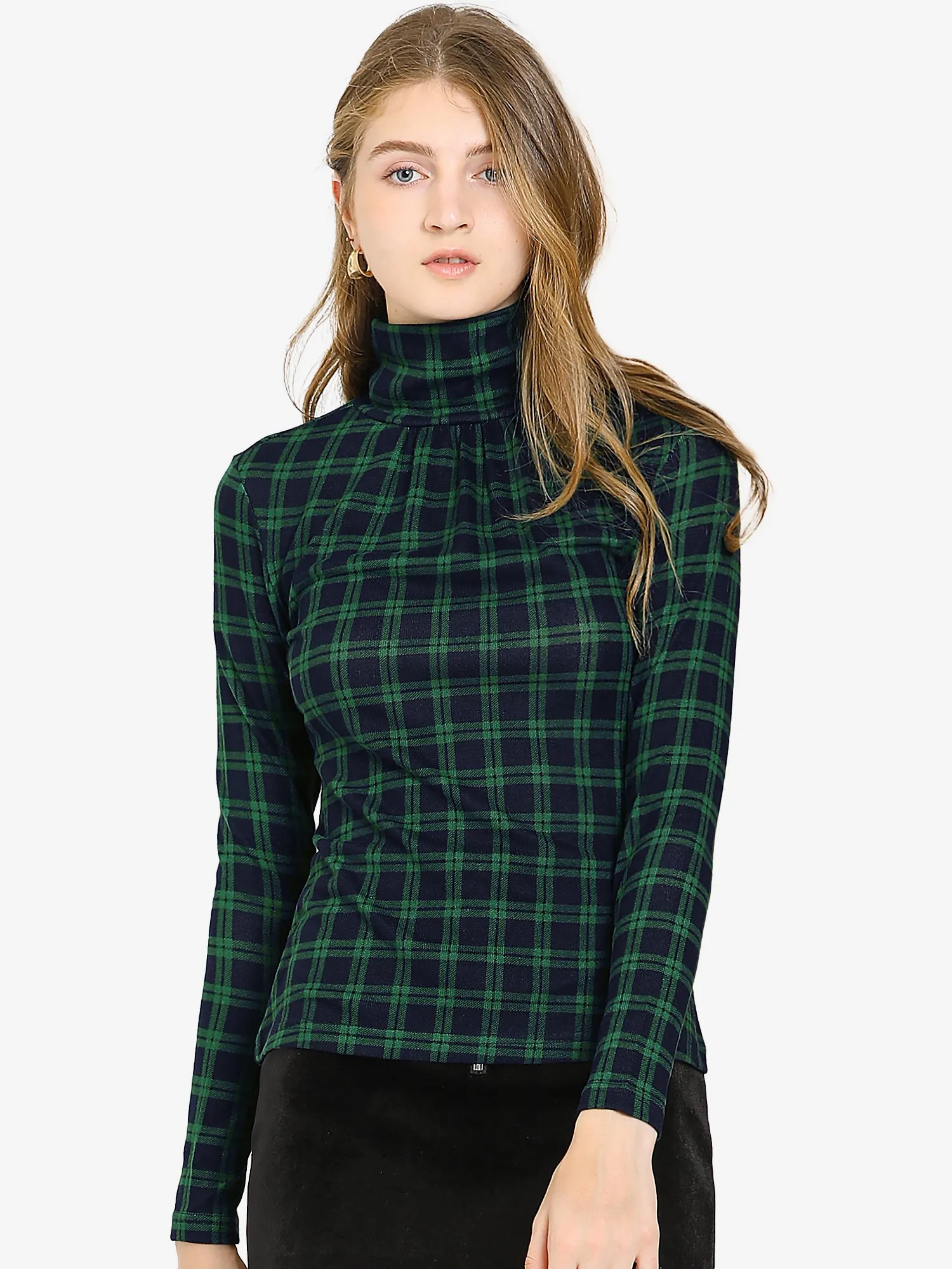 Long Sleeve Turtleneck Stretch Slim Christmas Party Plaid Shirt sold by Allegra K