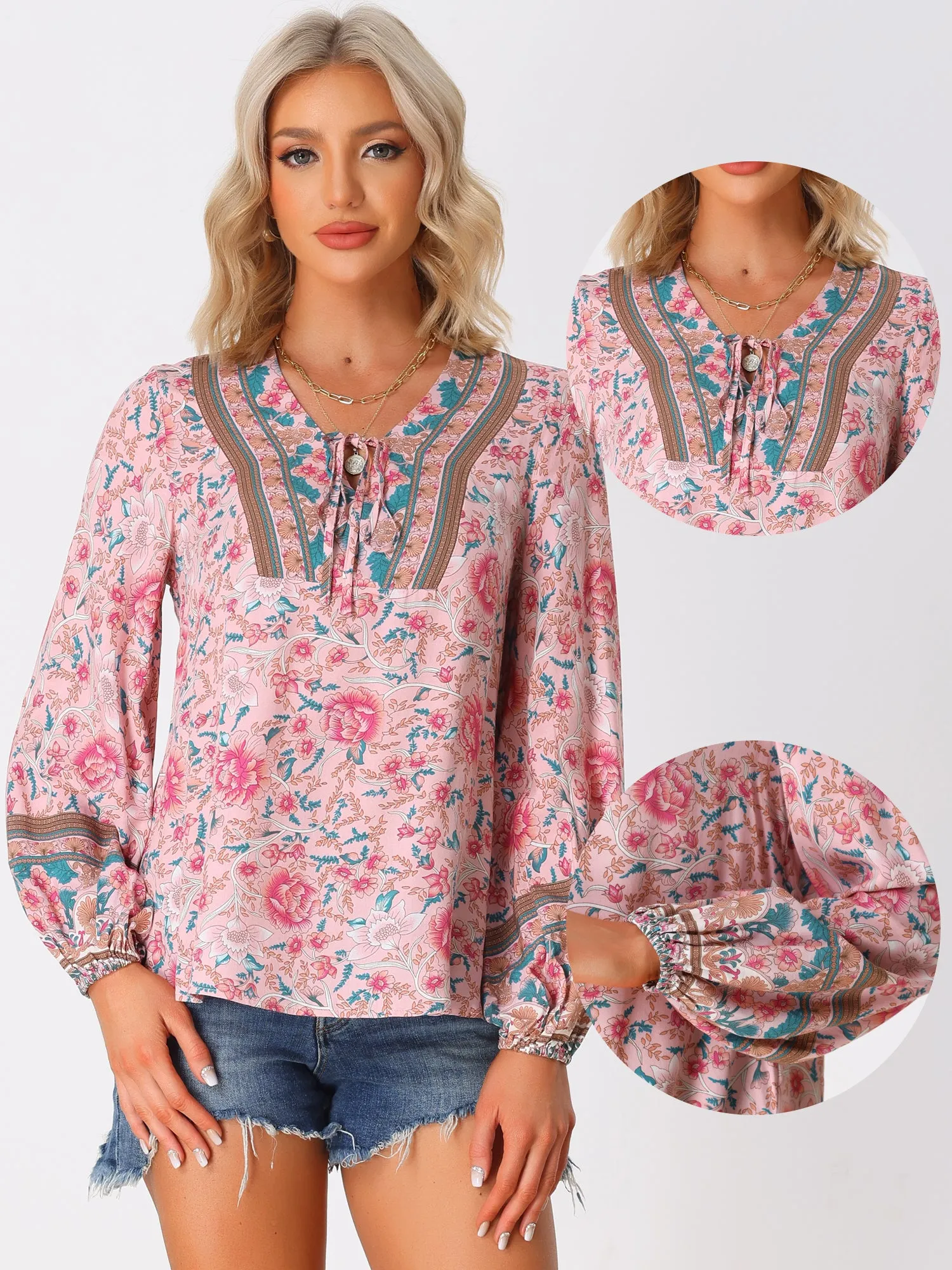 Boho V Neck Floral Loose Long Sleeve Tie Front Casual Blouse sold by Allegra K product image thumbnail 2