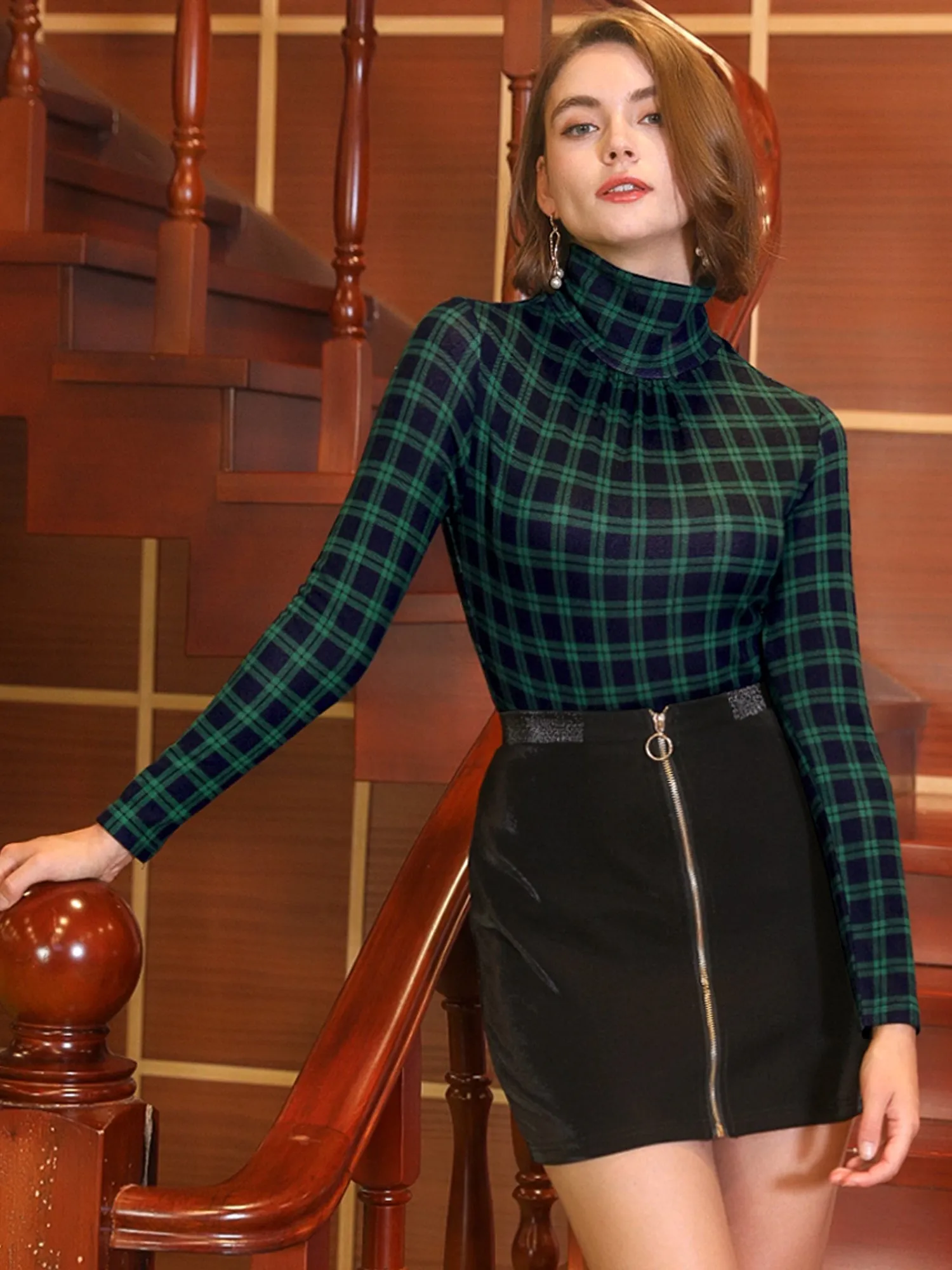 Long Sleeve Turtleneck Stretch Slim Christmas Party Plaid Shirt sold by Allegra K product image thumbnail 3