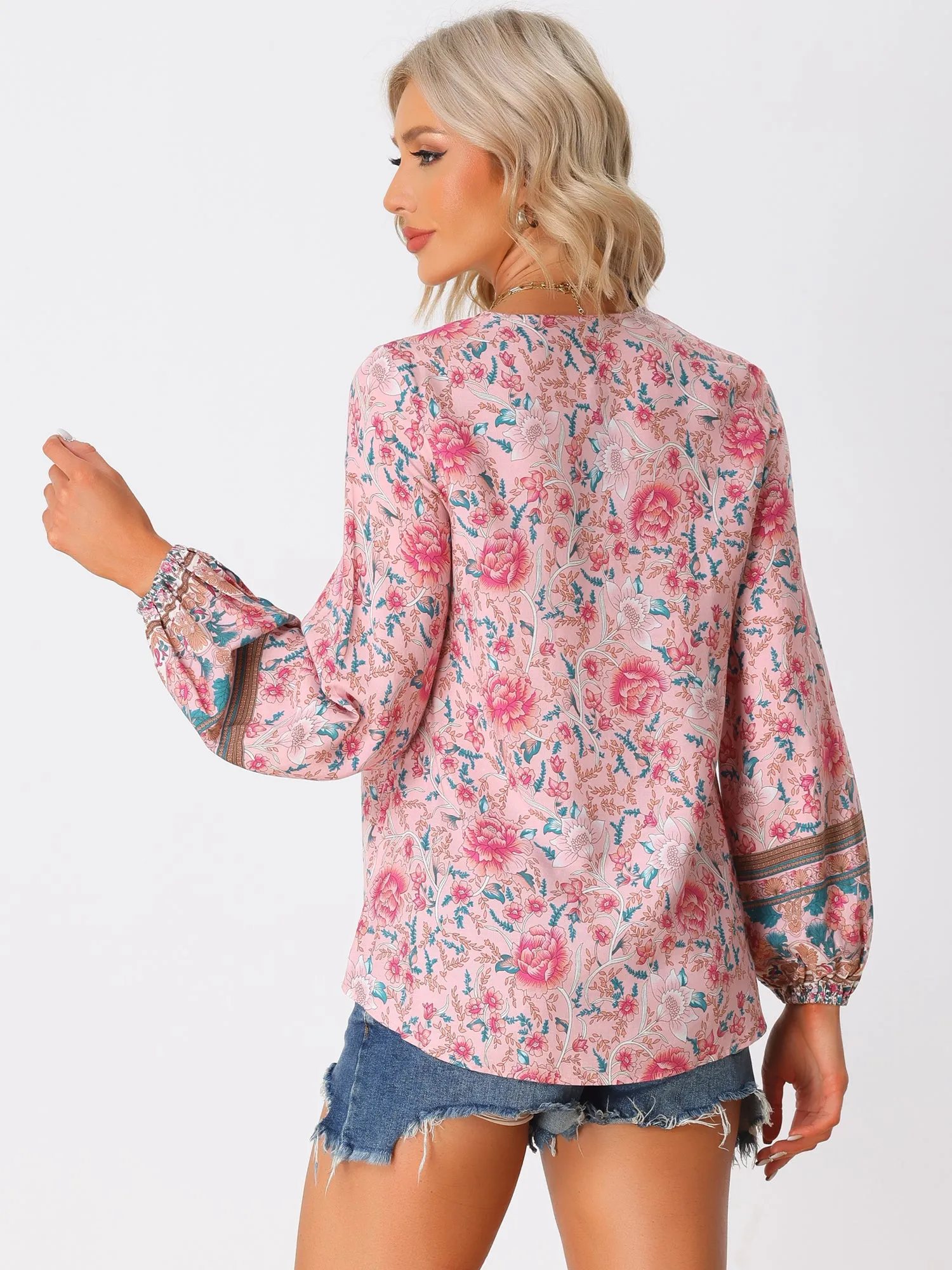 Boho V Neck Floral Loose Long Sleeve Tie Front Casual Blouse sold by Allegra K product image thumbnail 3