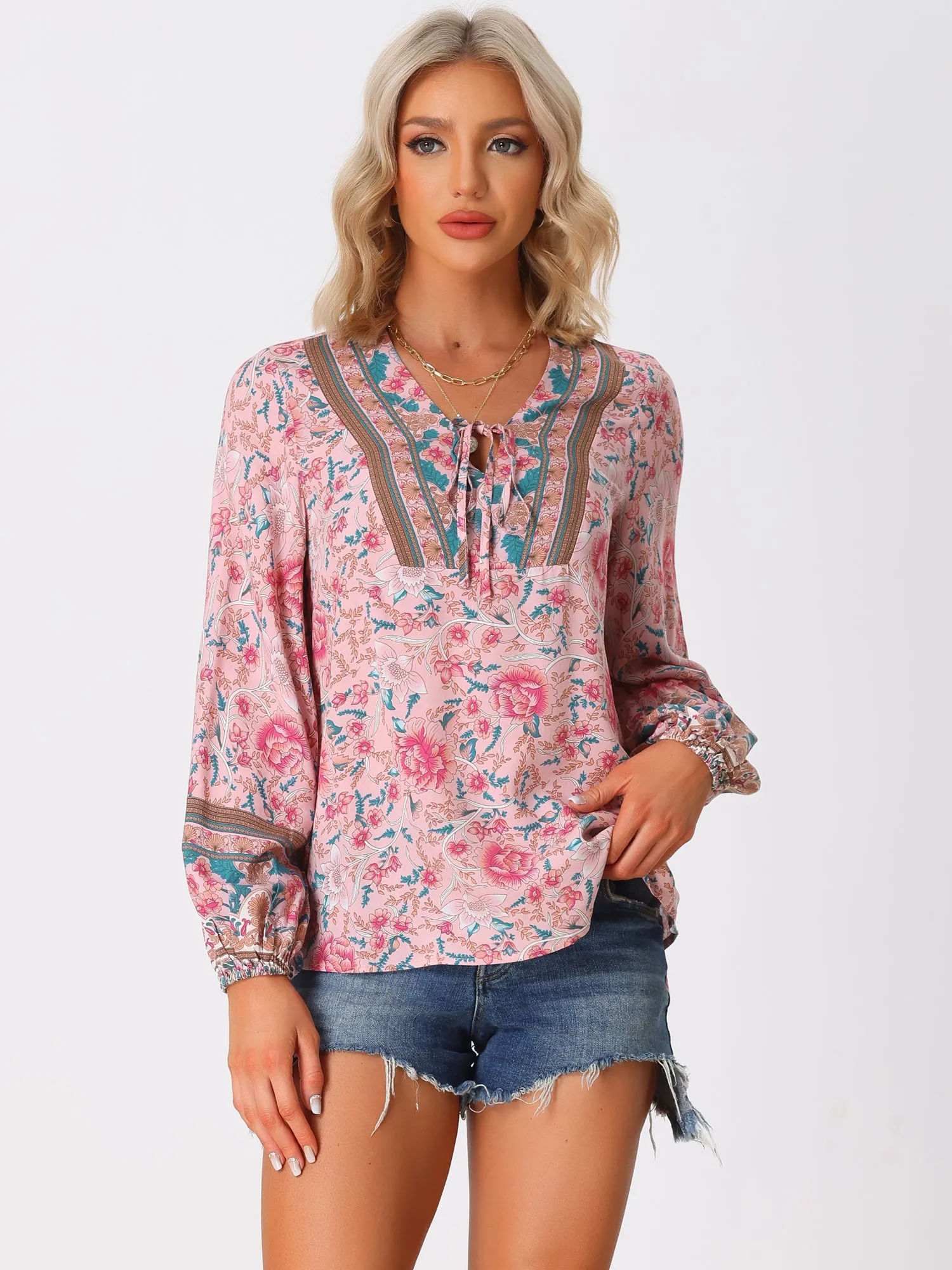 Boho V Neck Floral Loose Long Sleeve Tie Front Casual Blouse sold by Allegra K product image thumbnail 4