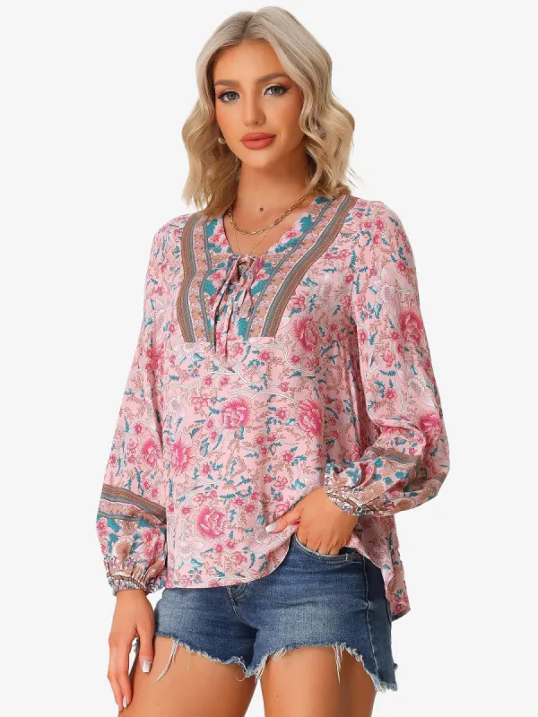 Boho V Neck Floral Loose Long Sleeve Tie Front Casual Blouse sold by Allegra K