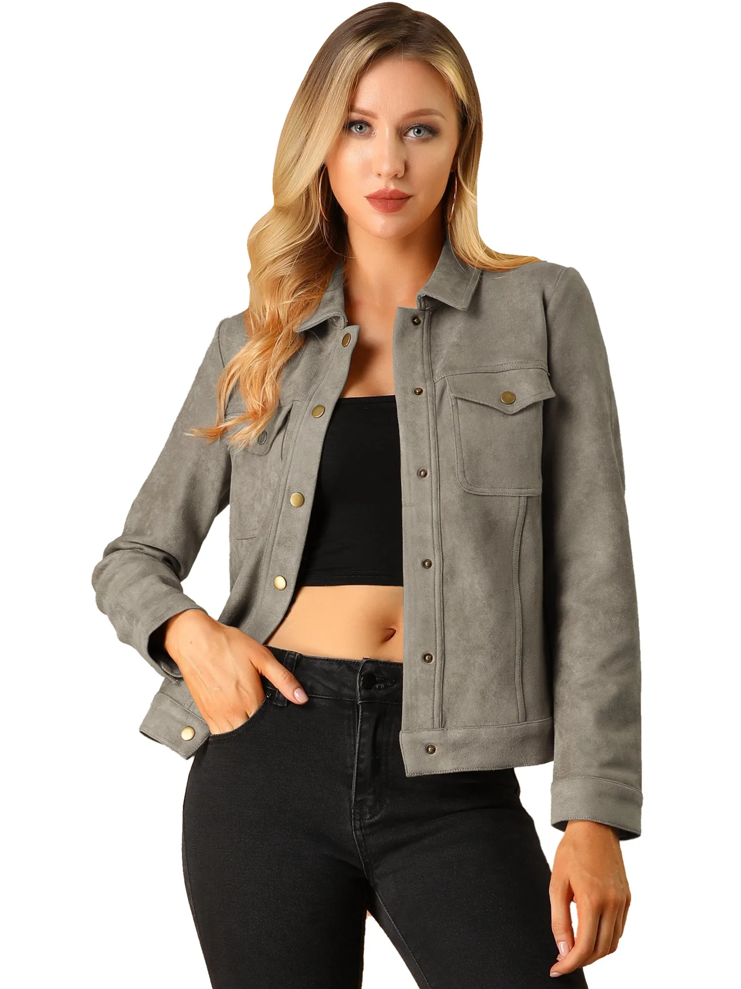 Faux Suede Turn-Down Collar Flap Pocket Snap Button Jacket sold by Allegra K product image thumbnail 5