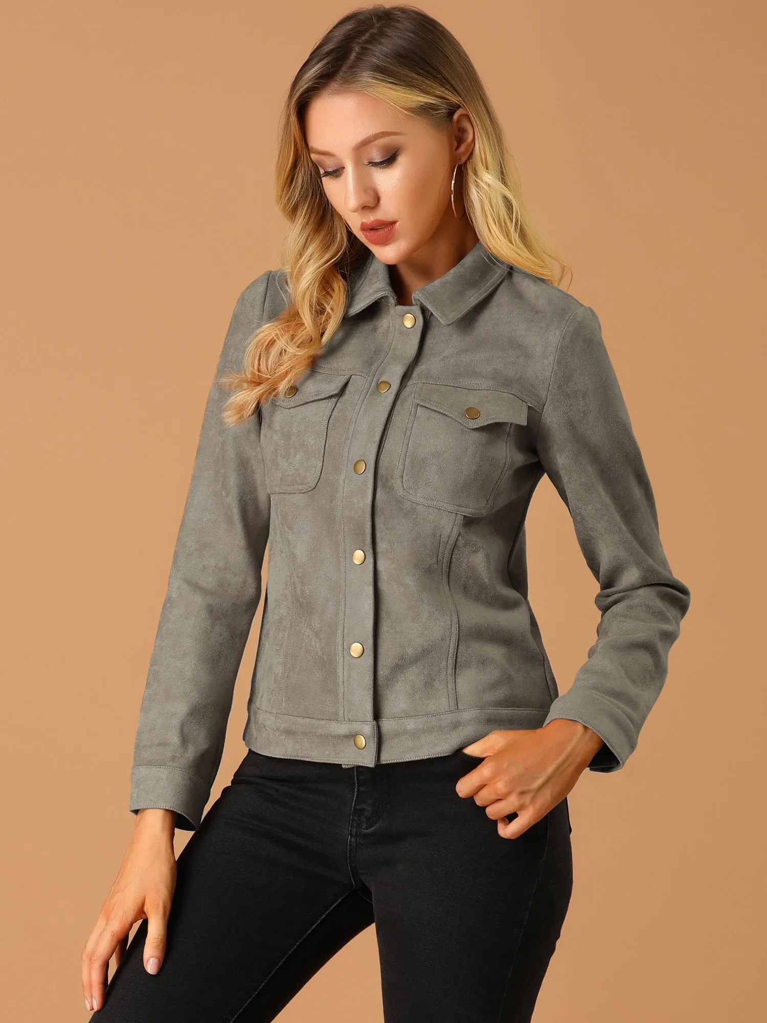 Faux Suede Turn-Down Collar Flap Pocket Snap Button Jacket sold by Allegra K product image thumbnail 2