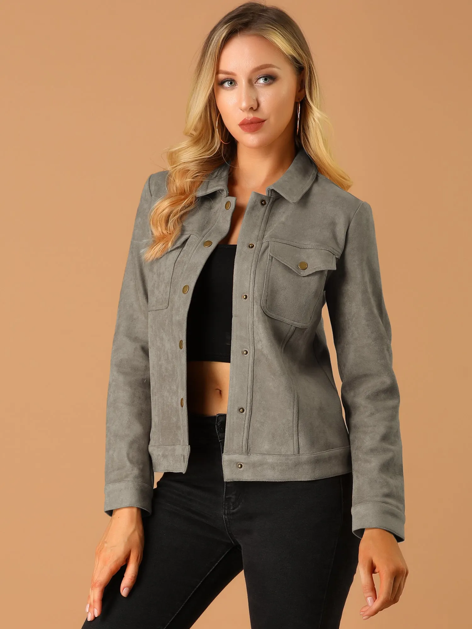 Faux Suede Turn-Down Collar Flap Pocket Snap Button Jacket sold by Allegra K