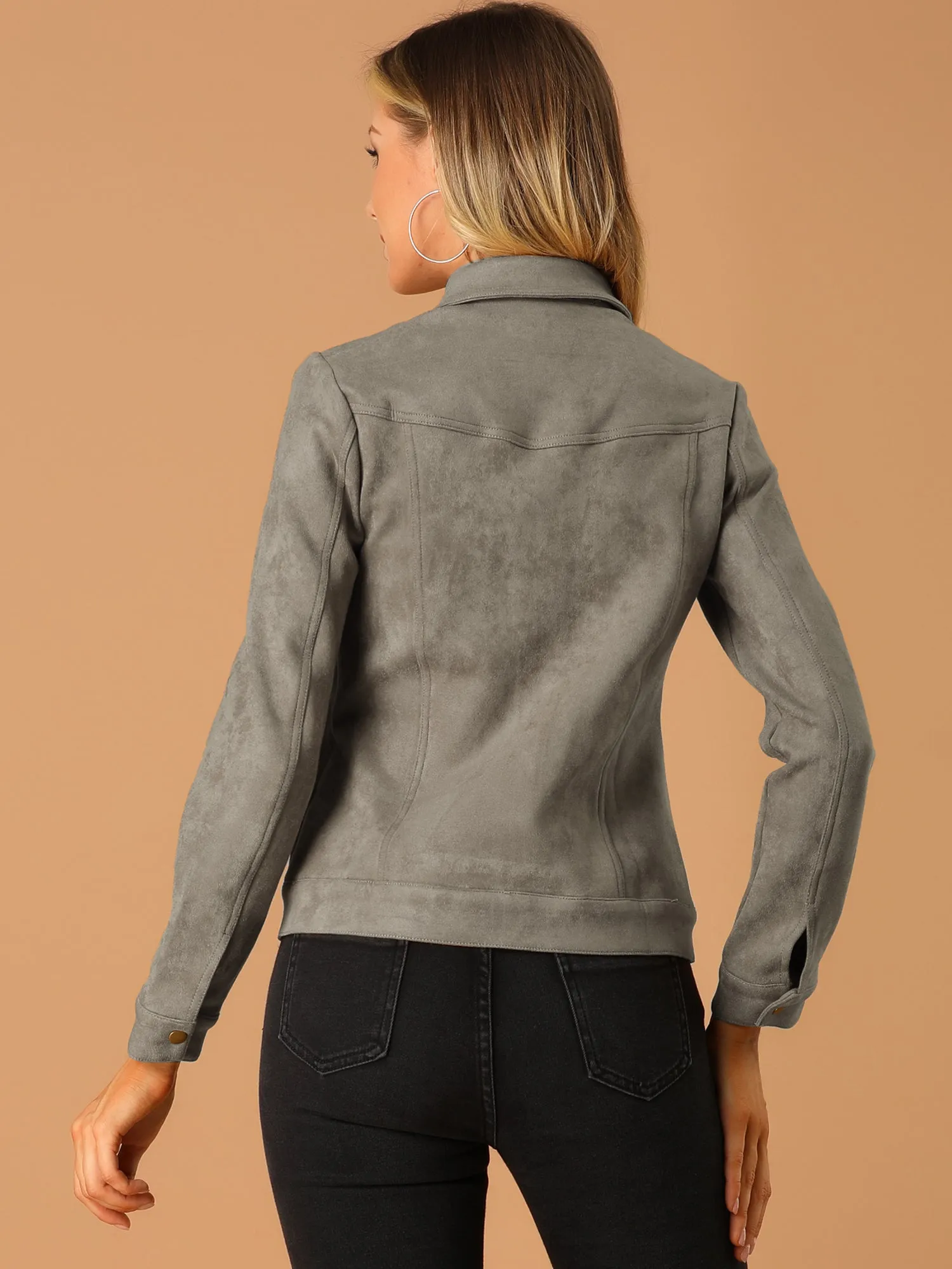 Faux Suede Turn-Down Collar Flap Pocket Snap Button Jacket sold by Allegra K product image thumbnail 4
