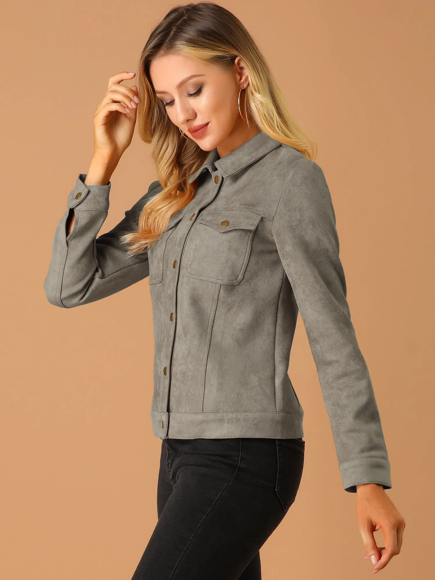 Faux Suede Turn-Down Collar Flap Pocket Snap Button Jacket sold by Allegra K product image thumbnail 3