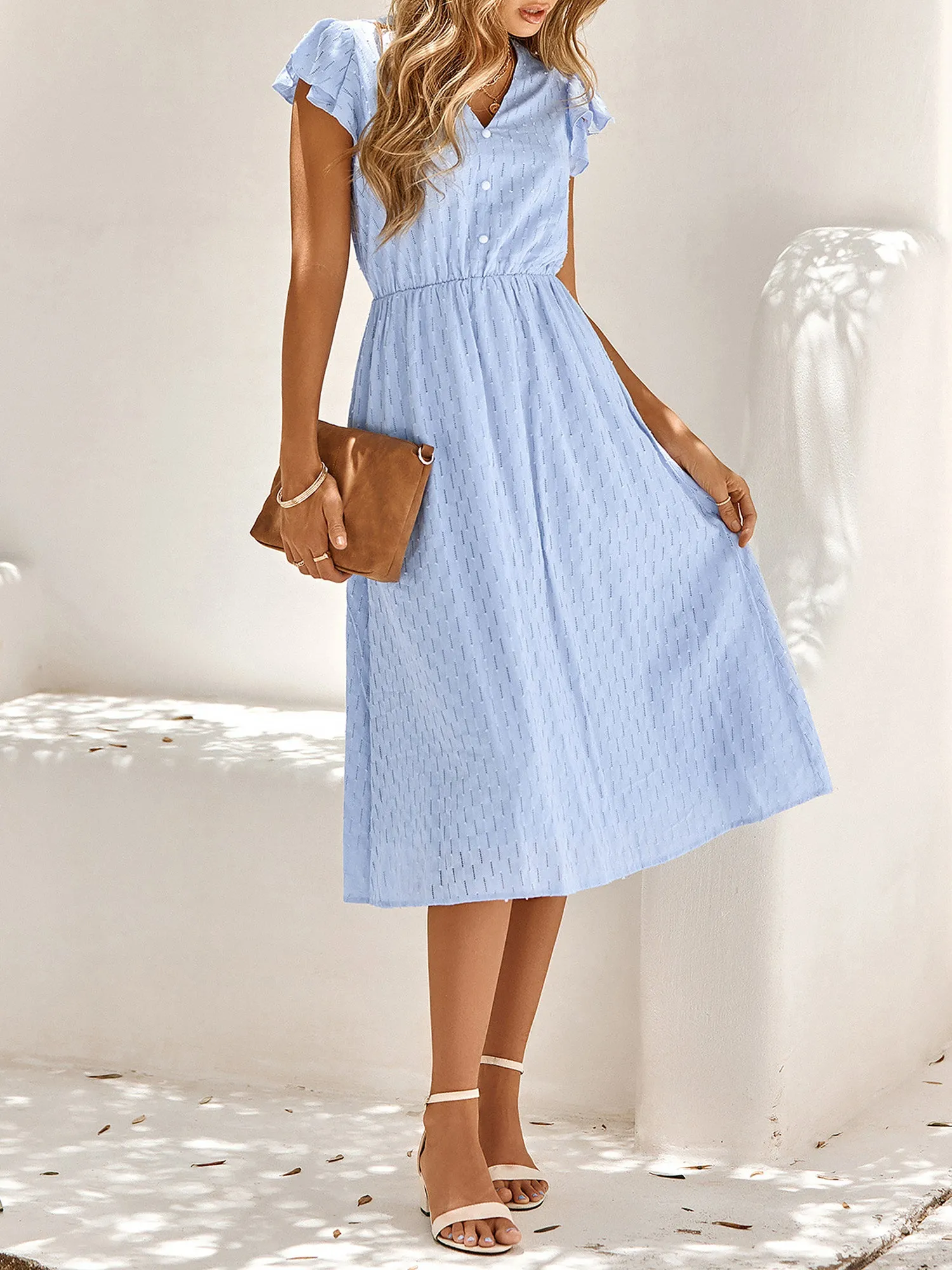 Ruffled Short Sleeves Textured A-Line Midi Dress sold by Allegra K product image thumbnail 2