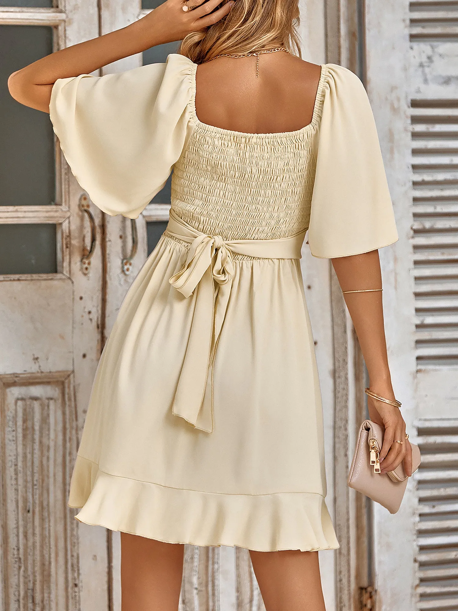 Flare Sleeves Smocked Lace-Up Ruffled Mini Dress sold by Allegra K product image thumbnail 3