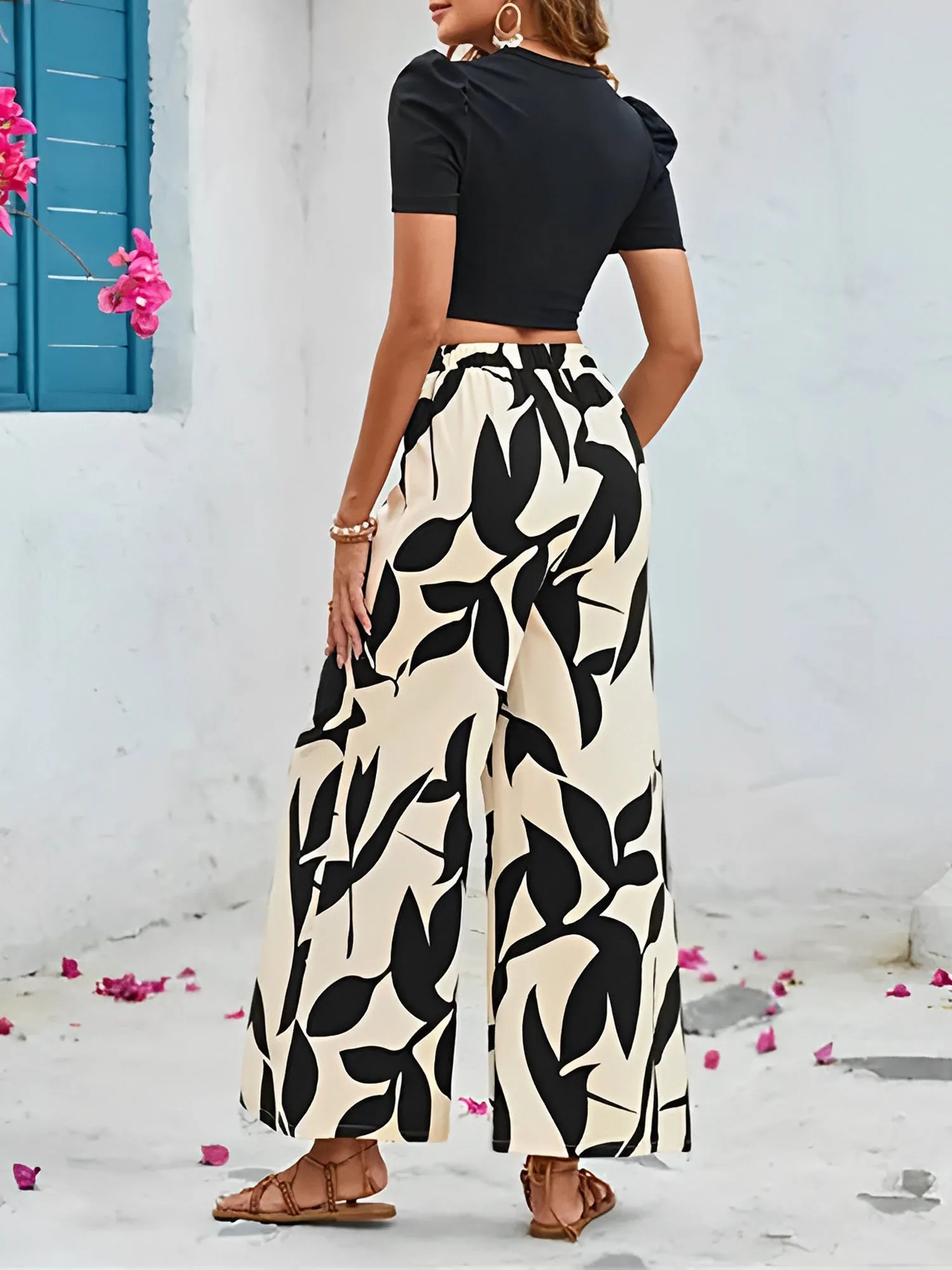 2 Pieces Solid Color Cropped Top & Graphic Wide Legs Pants Set sold by Allegra K product image thumbnail 4