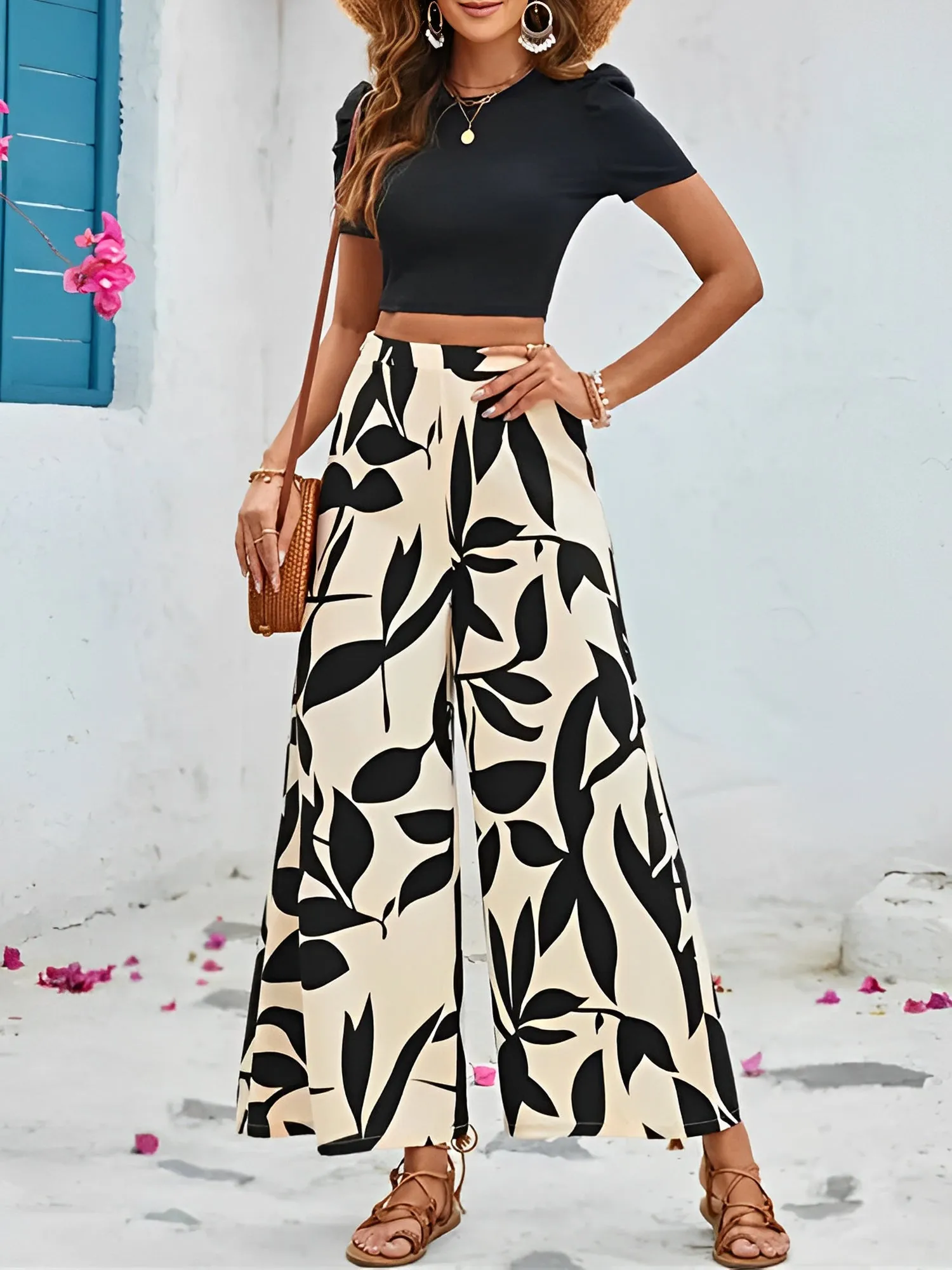 2 Pieces Solid Color Cropped Top & Graphic Wide Legs Pants Set sold by Allegra K product image thumbnail 5