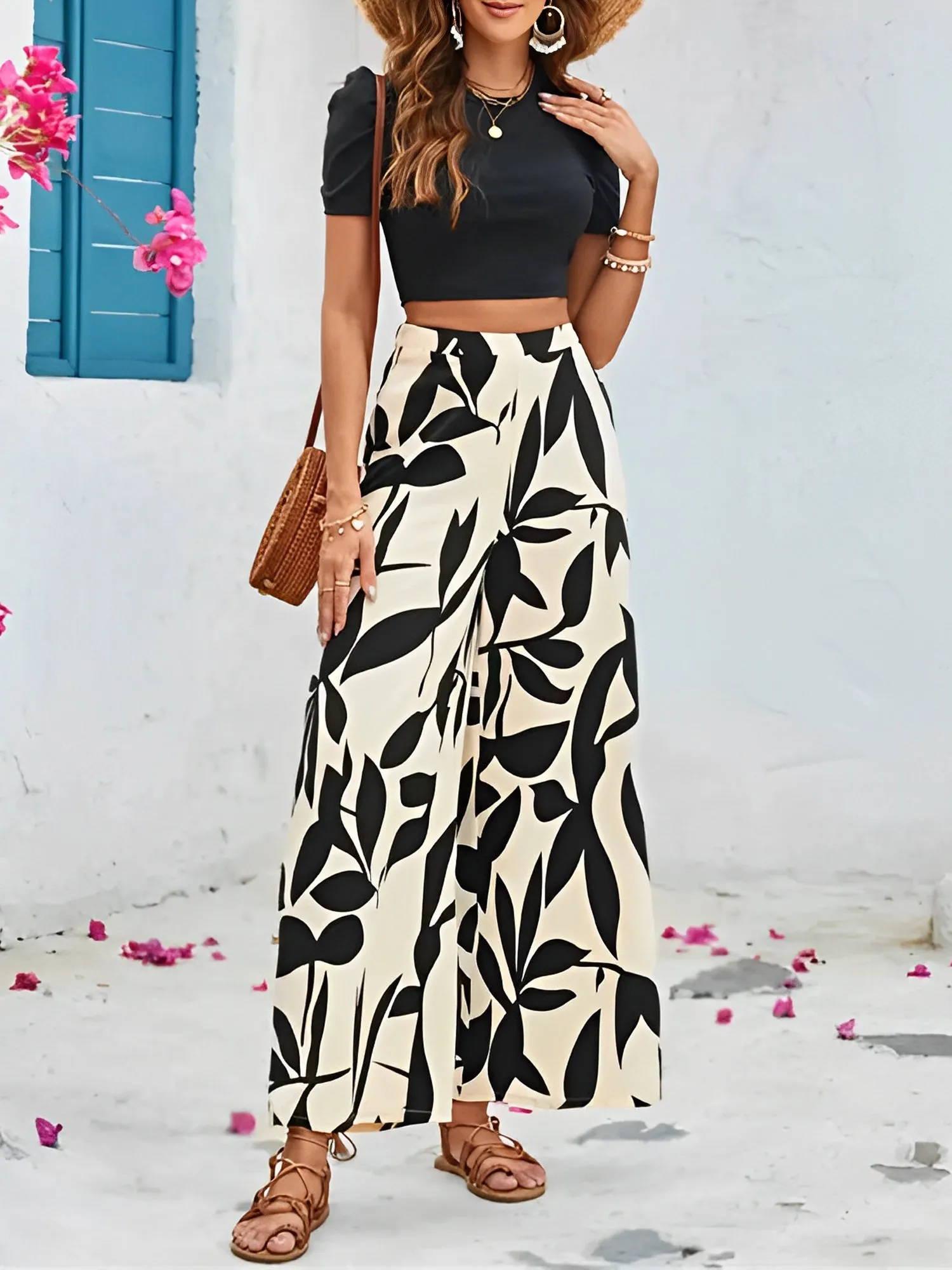 2 Pieces Solid Color Cropped Top & Graphic Wide Legs Pants Set sold by Allegra K product image thumbnail 3