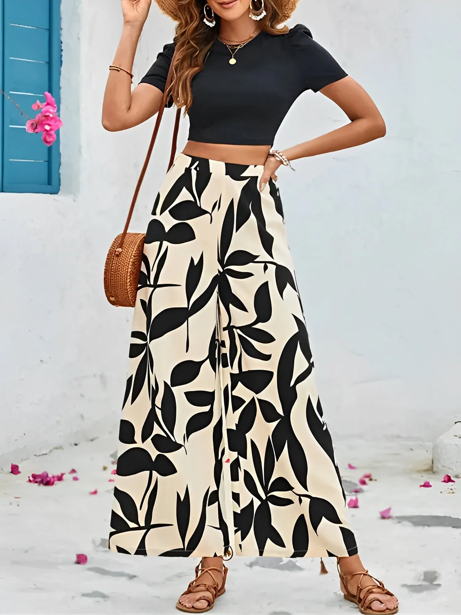 2 Pieces Solid Color Cropped Top & Graphic Wide Legs Pants Set sold by Allegra K