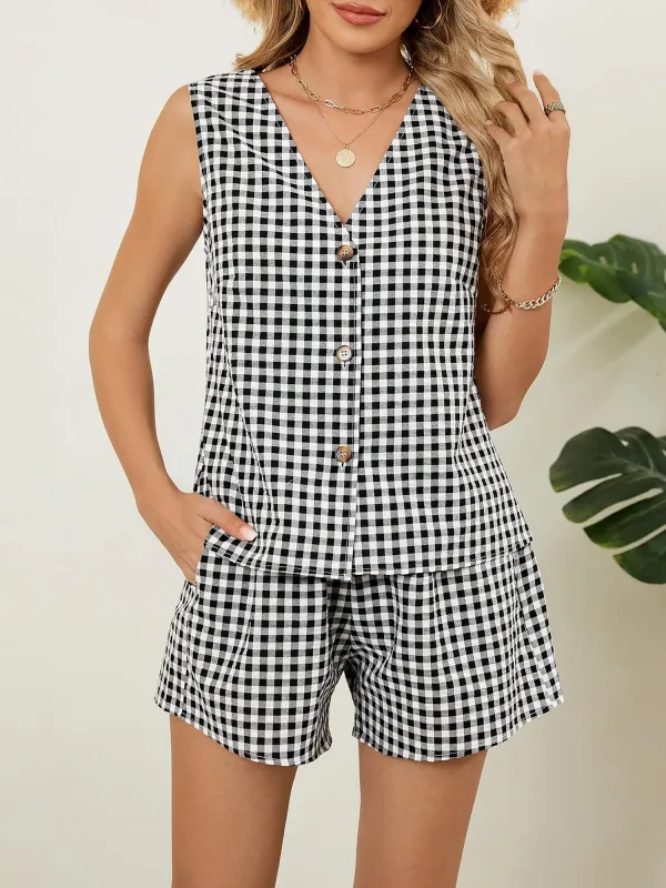 2 Pieces Gingham Sleeveless Button Down Vest & Shorts Set sold by Allegra K