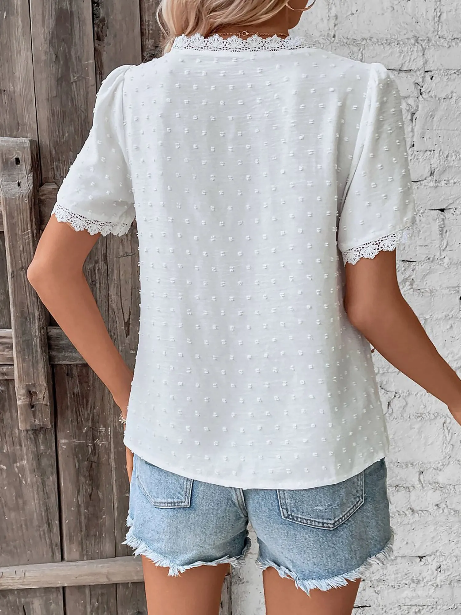 Lace Trimmed Swiss Dots Short Sleeves Blouse sold by Allegra K product image thumbnail 4