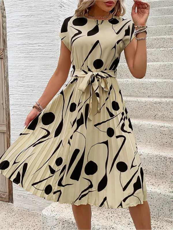 Graphic Cap Sleeves Pleated A-Line Midi Dress sold by Allegra K
