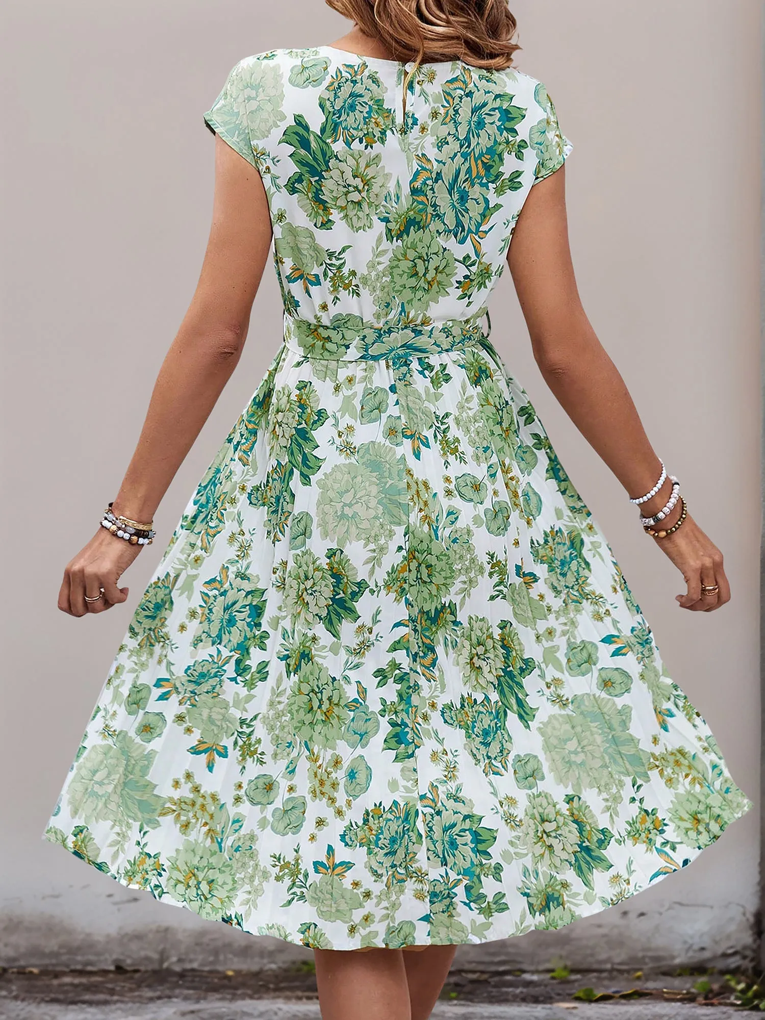 Graphic Print Cap Sleeves Pleated Midi Dress sold by Allegra K product image thumbnail 5