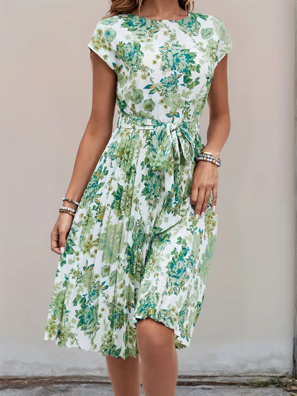 Graphic Print Cap Sleeves Pleated Midi Dress sold by Allegra K