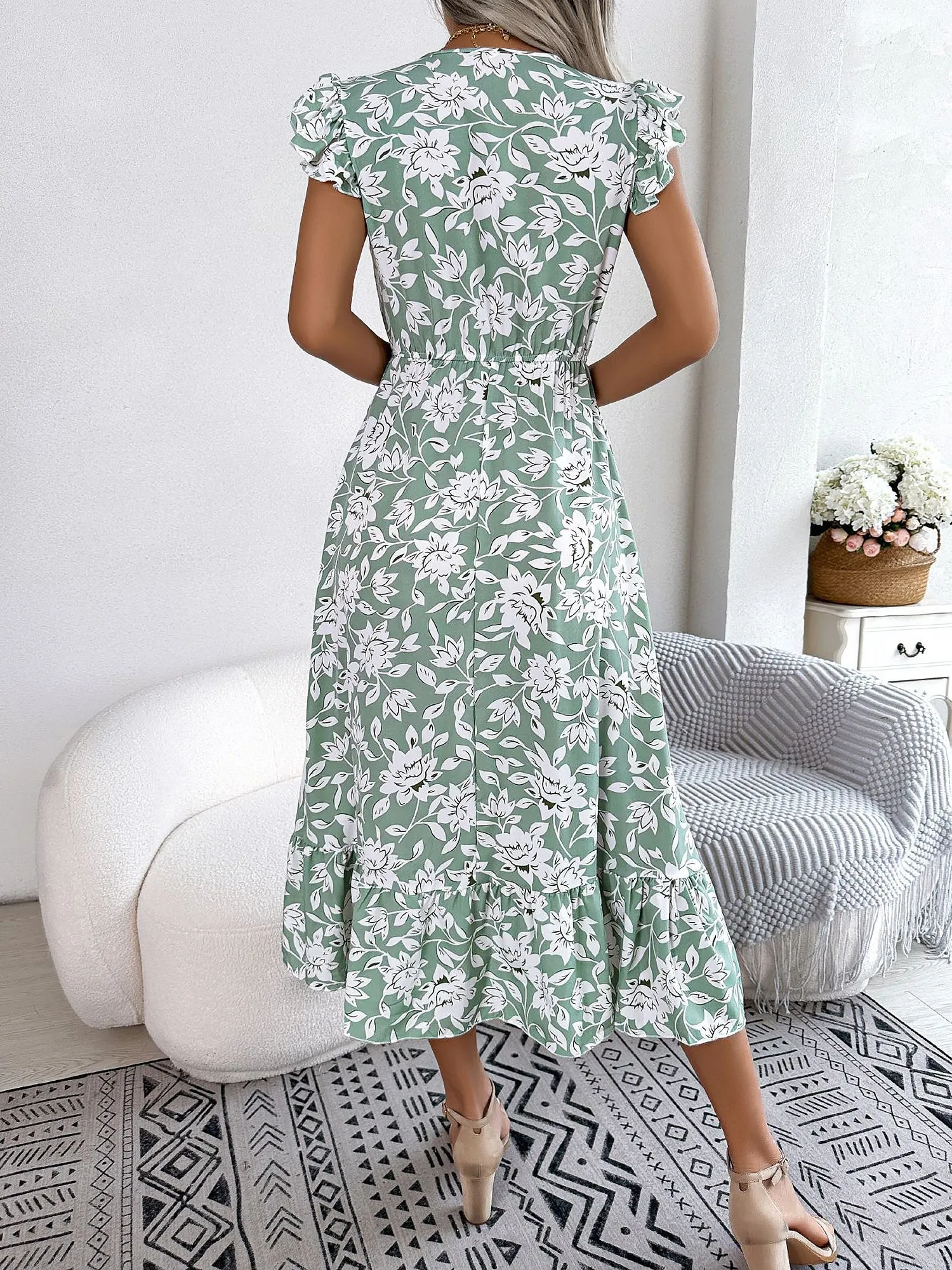 Floral Ruffled Cap Sleeves A-Line Midi Dress sold by Allegra K product image thumbnail 5