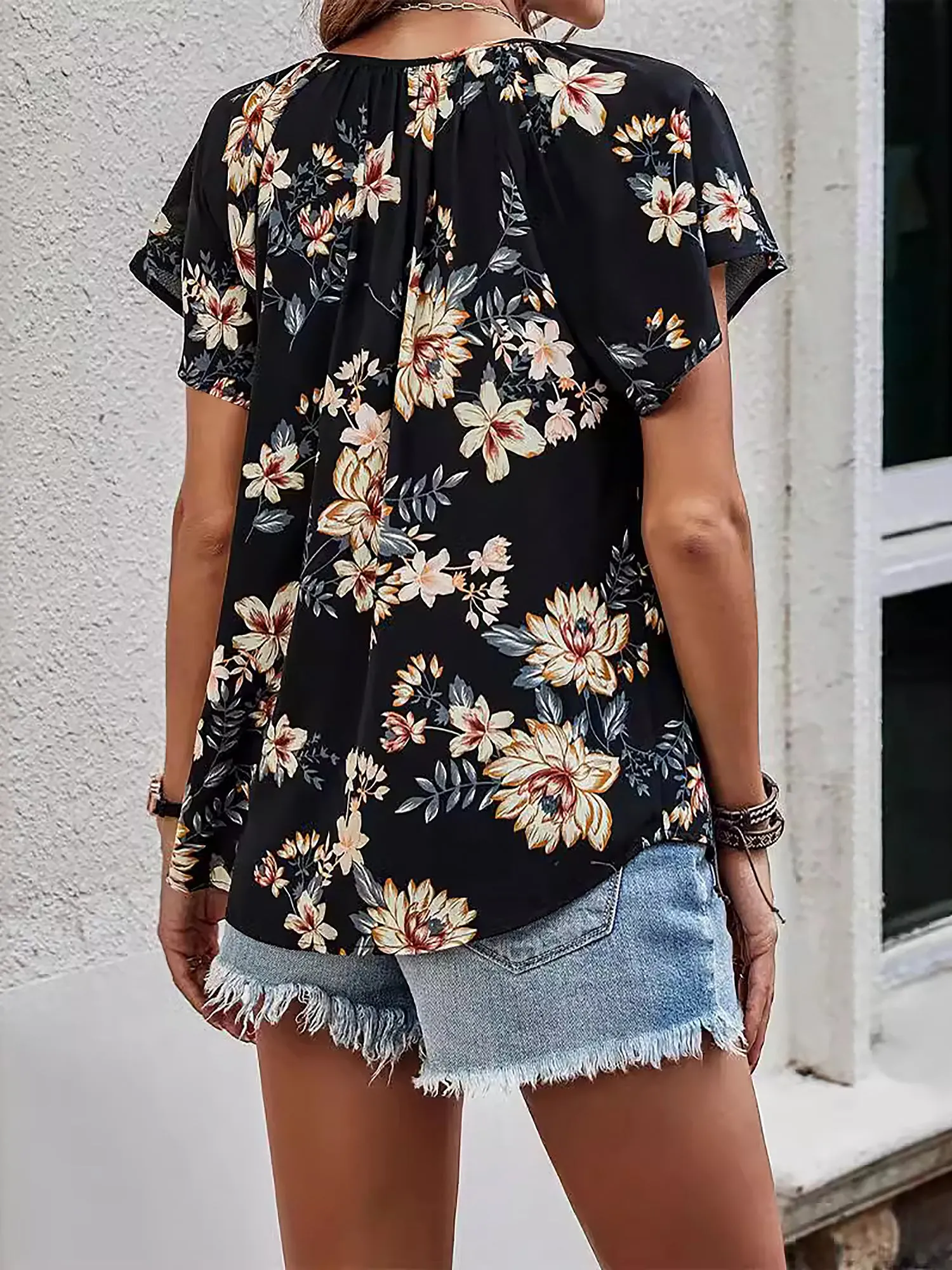 Floral V Neck Short Sleeve Casual Blouse sold by Allegra K product image thumbnail 3