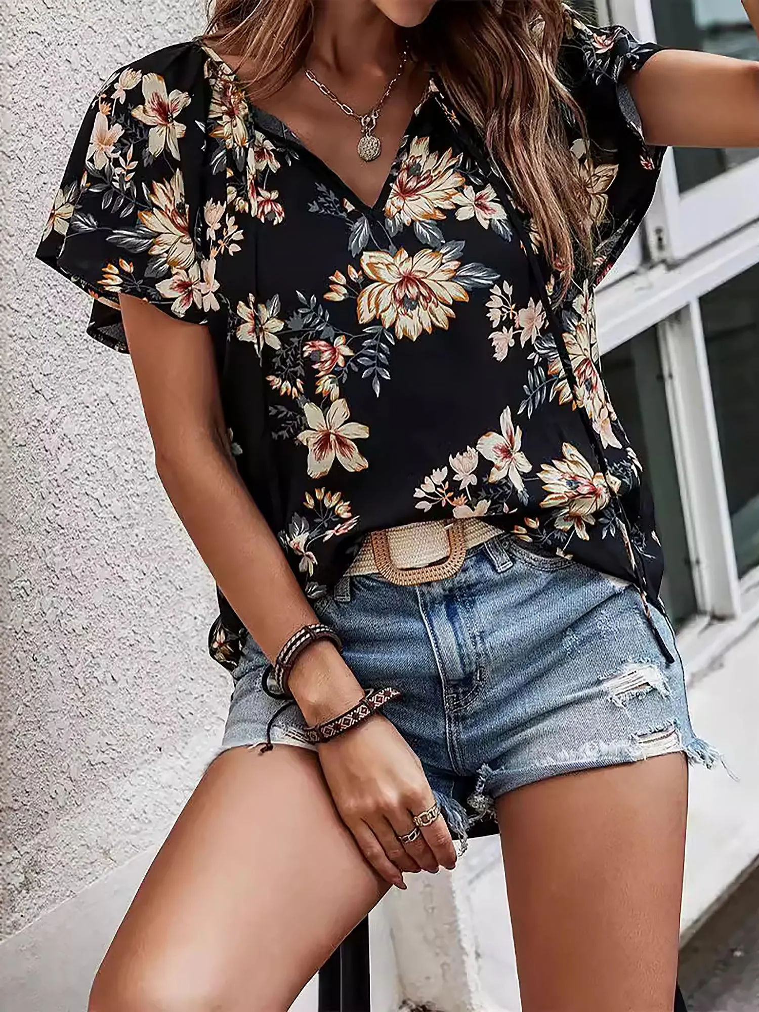 Floral V Neck Short Sleeve Casual Blouse sold by Allegra K product image thumbnail 4