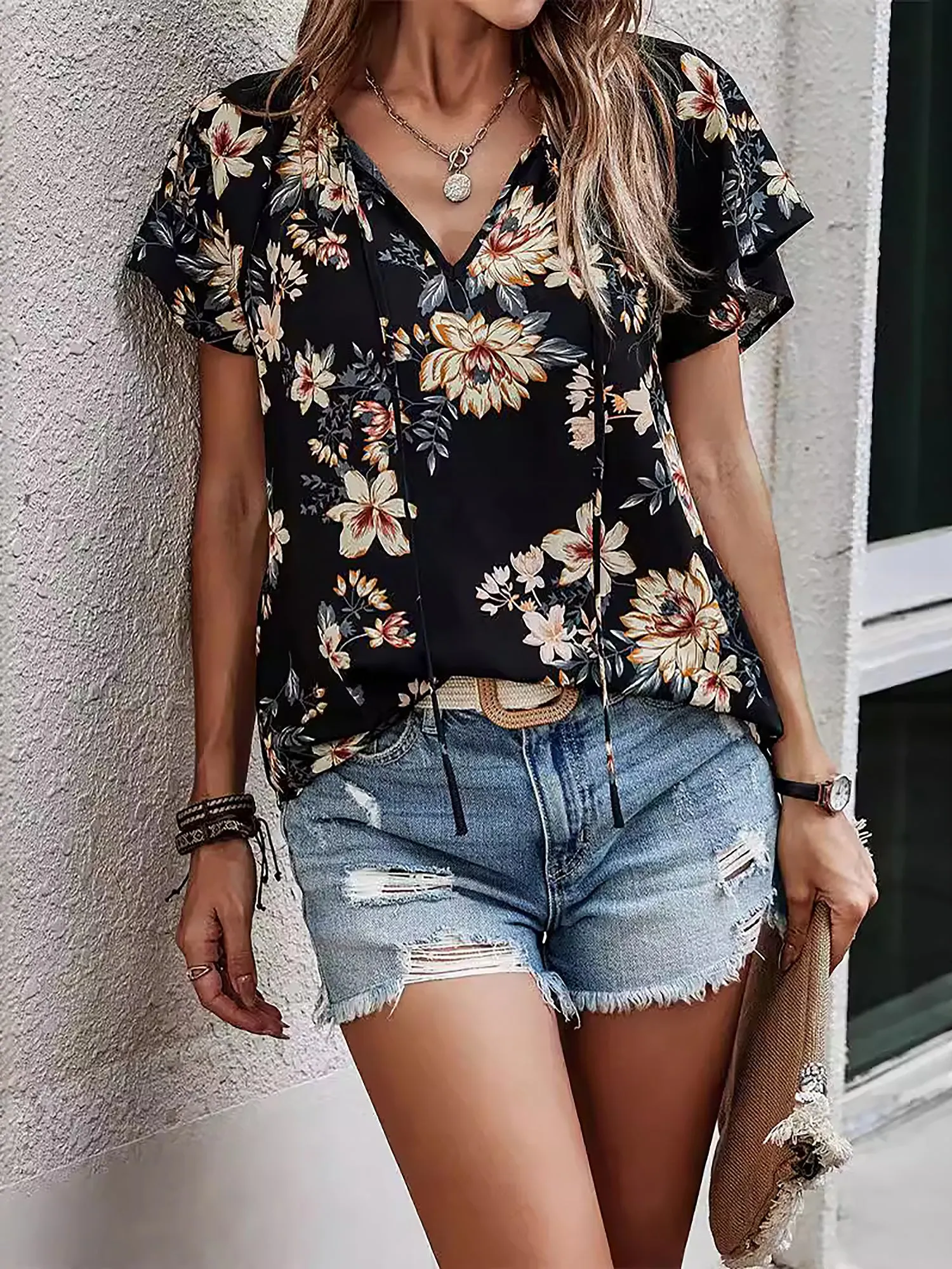 Floral V Neck Short Sleeve Casual Blouse sold by Allegra K