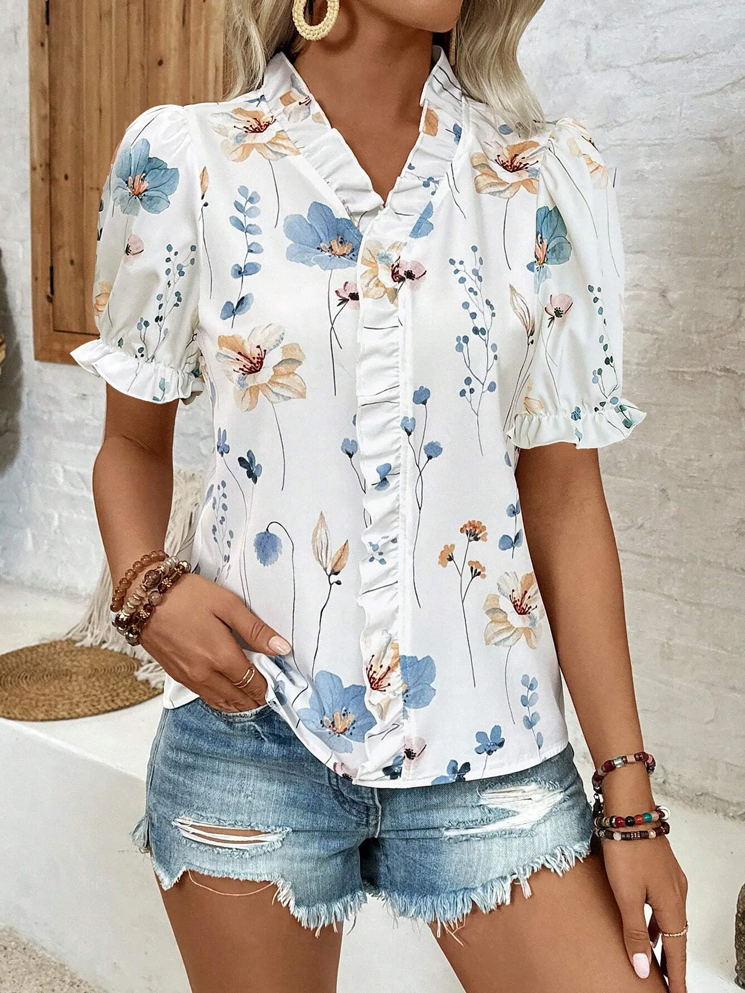 Floral Ruffled V Neck Puff Sleeves Blouses sold by Allegra K