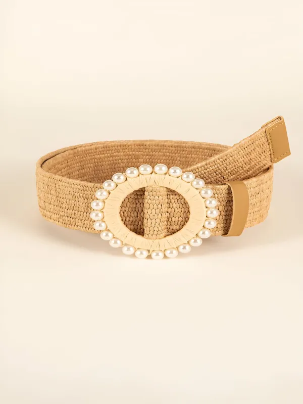 Bohemian Faux Pearl Buckle Elastic Straw Belt sold by Allegra K