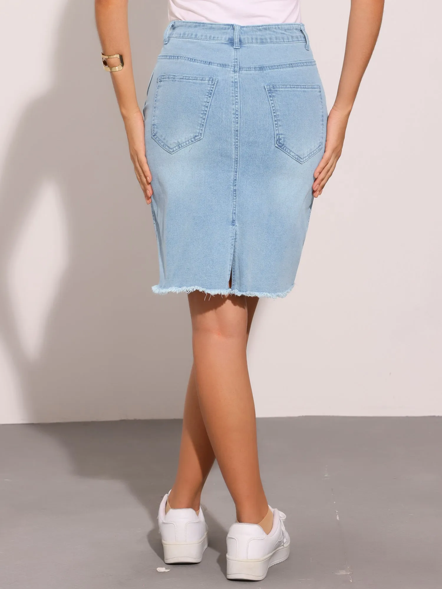 Basic High Waist Ripped Hem Washed Jeans Denim Skirt sold by Allegra K product image thumbnail 3