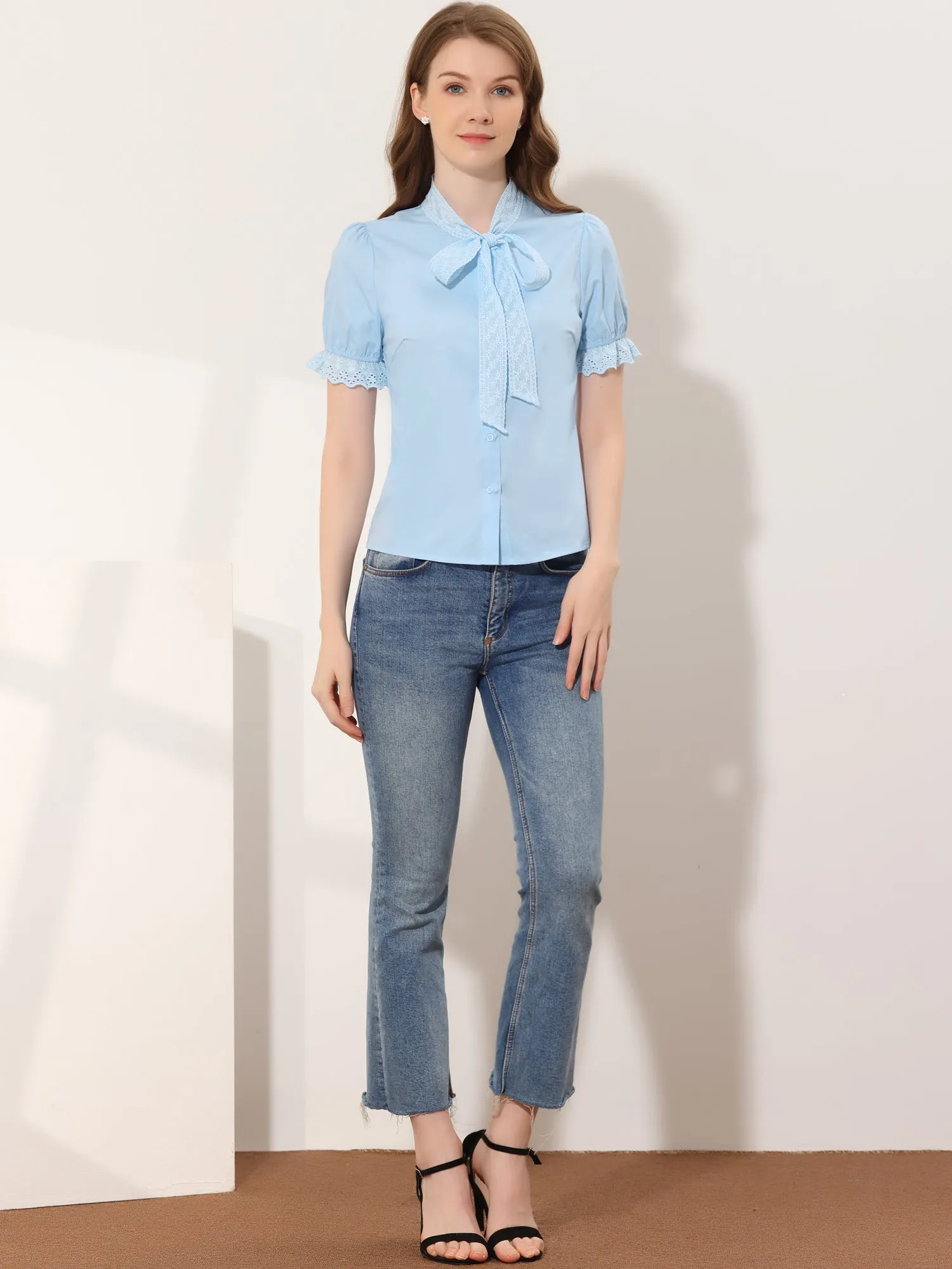 Career Office Elegant Button Up Bow Tie Neck Blouse sold by Allegra K product image thumbnail 2