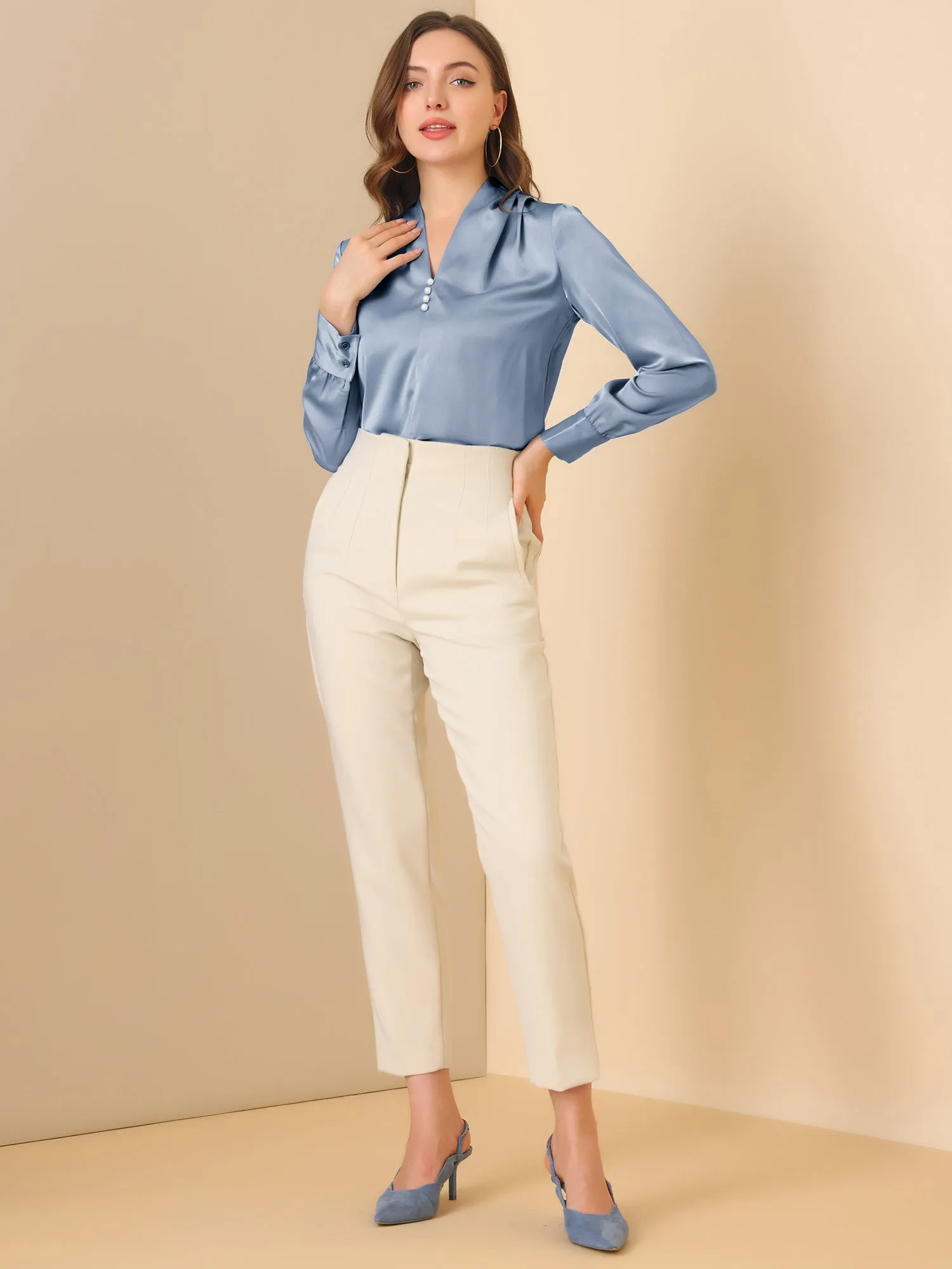 V Neck Decor Beaded Long Sleeve Office Pleated Satin Blouse Top sold by Allegra K product image thumbnail 2