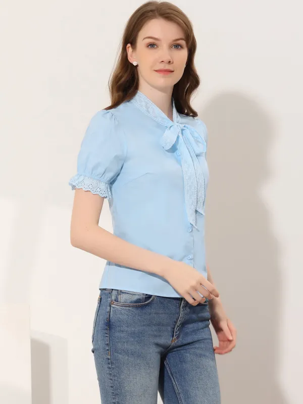 Career Office Elegant Button Up Bow Tie Neck Blouse sold by Allegra K