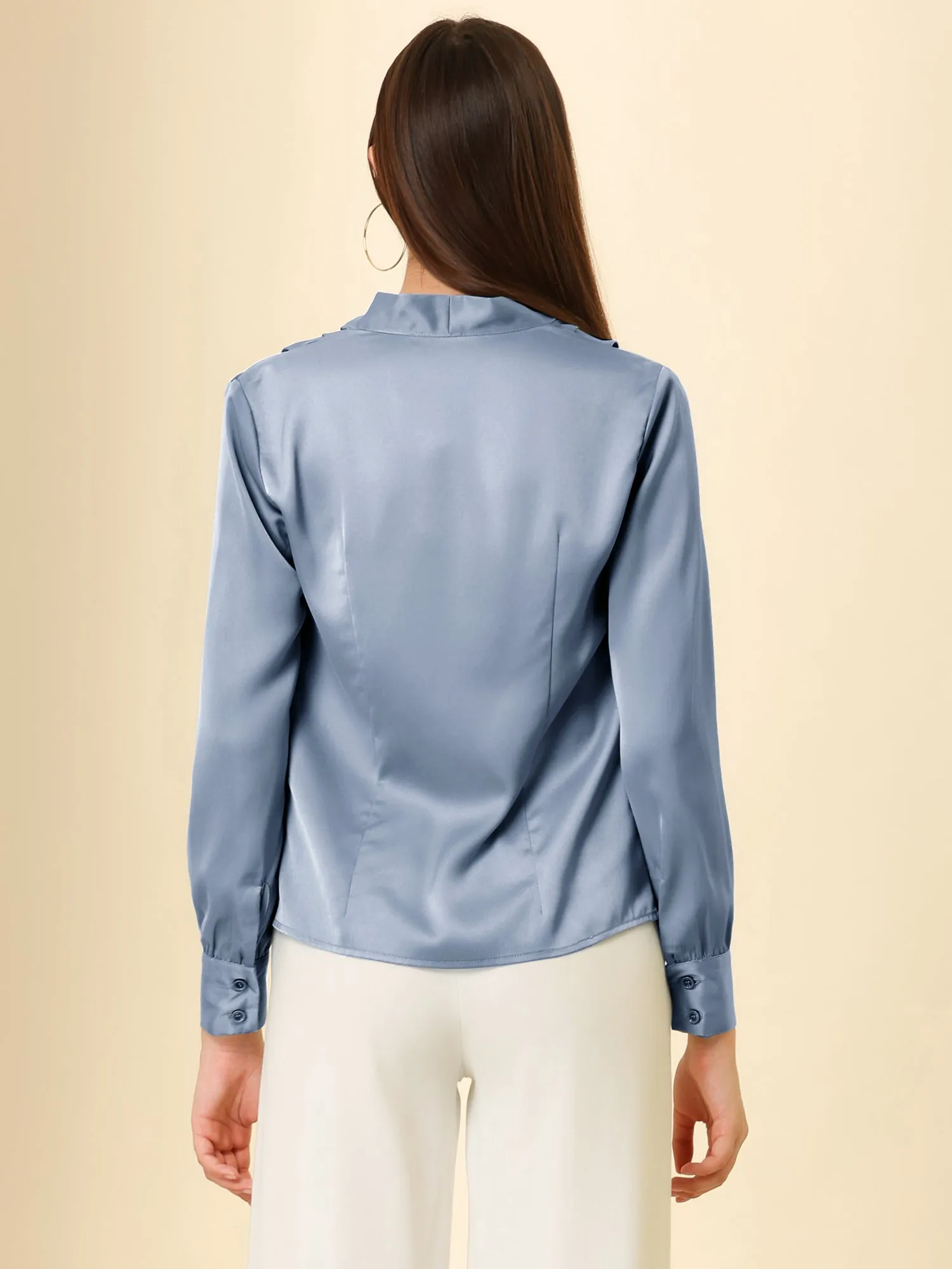 V Neck Decor Beaded Long Sleeve Office Pleated Satin Blouse Top sold by Allegra K product image thumbnail 4
