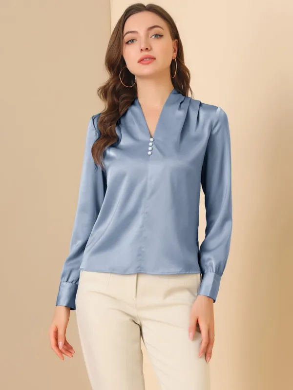 V Neck Decor Beaded Long Sleeve Office Pleated Satin Blouse Top sold by Allegra K