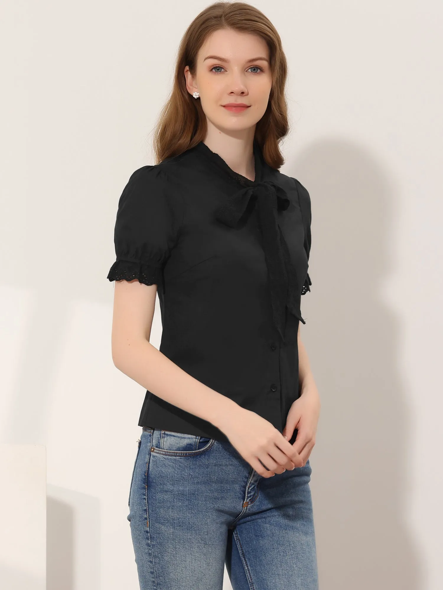 Career Office Elegant Button Up Bow Tie Neck Blouse sold by Allegra K product image thumbnail 5