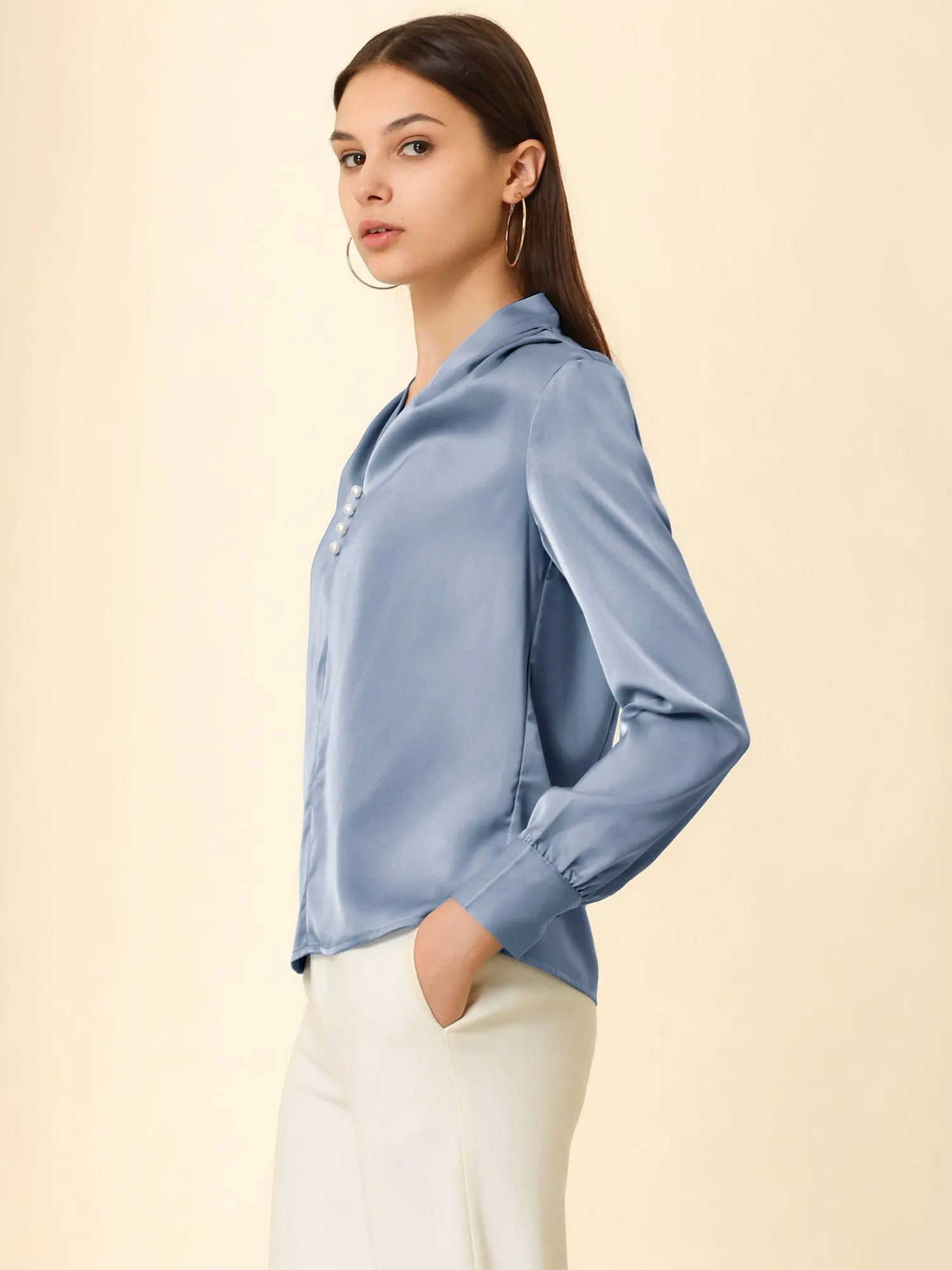 V Neck Decor Beaded Long Sleeve Office Pleated Satin Blouse Top sold by Allegra K product image thumbnail 3