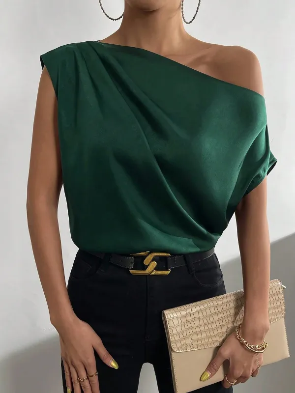 One Shoulder Ruched Asymmetrical Neck Satin Blouse sold by Allegra K